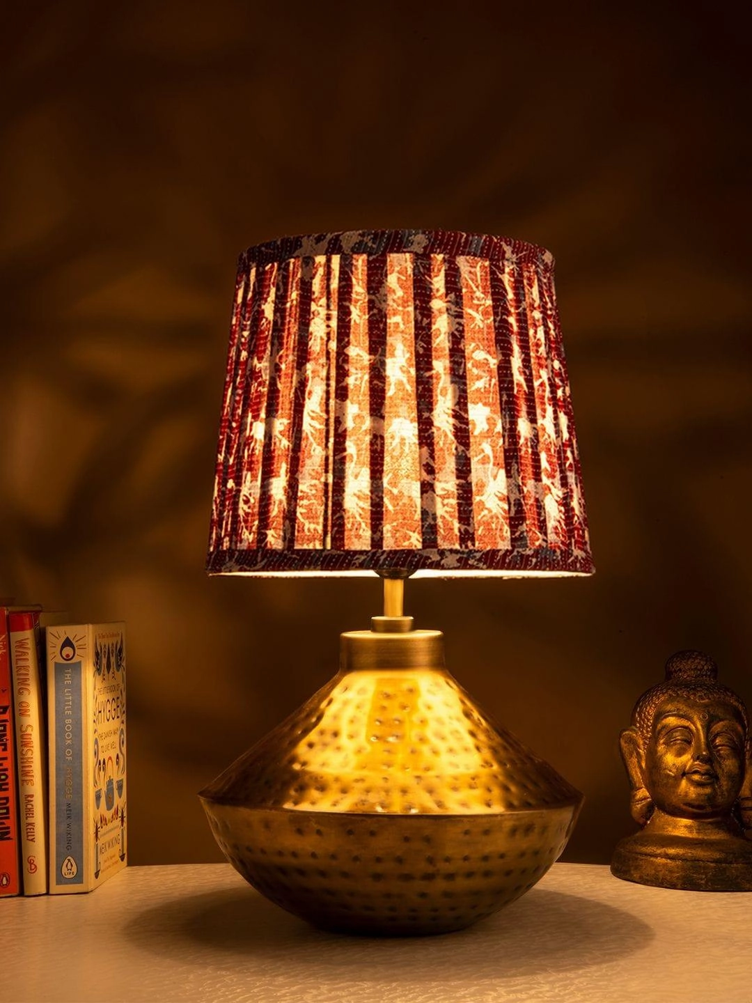 Golden Hammered Urn Lamp with Pleeted Multicolor Maroon Shade Louis Poulsen chandelier