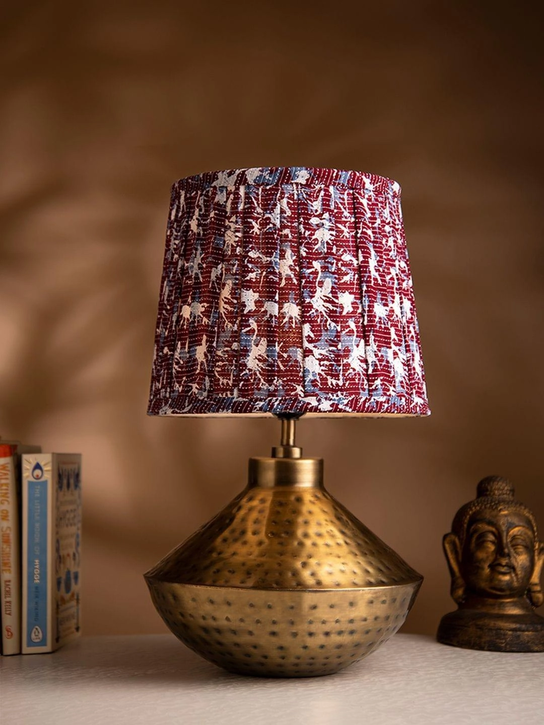 Golden Hammered Urn Lamp with Pleeted Multicolor Maroon Shade