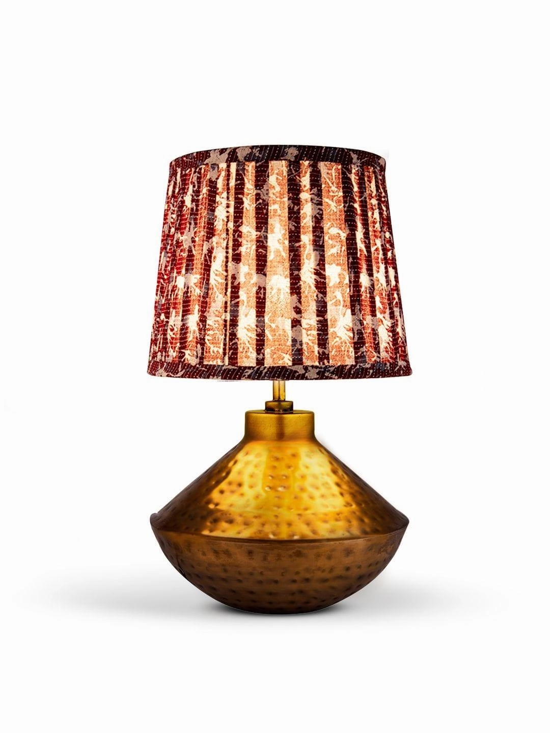 Golden Hammered Urn Lamp with Pleeted Multicolor Maroon Shade