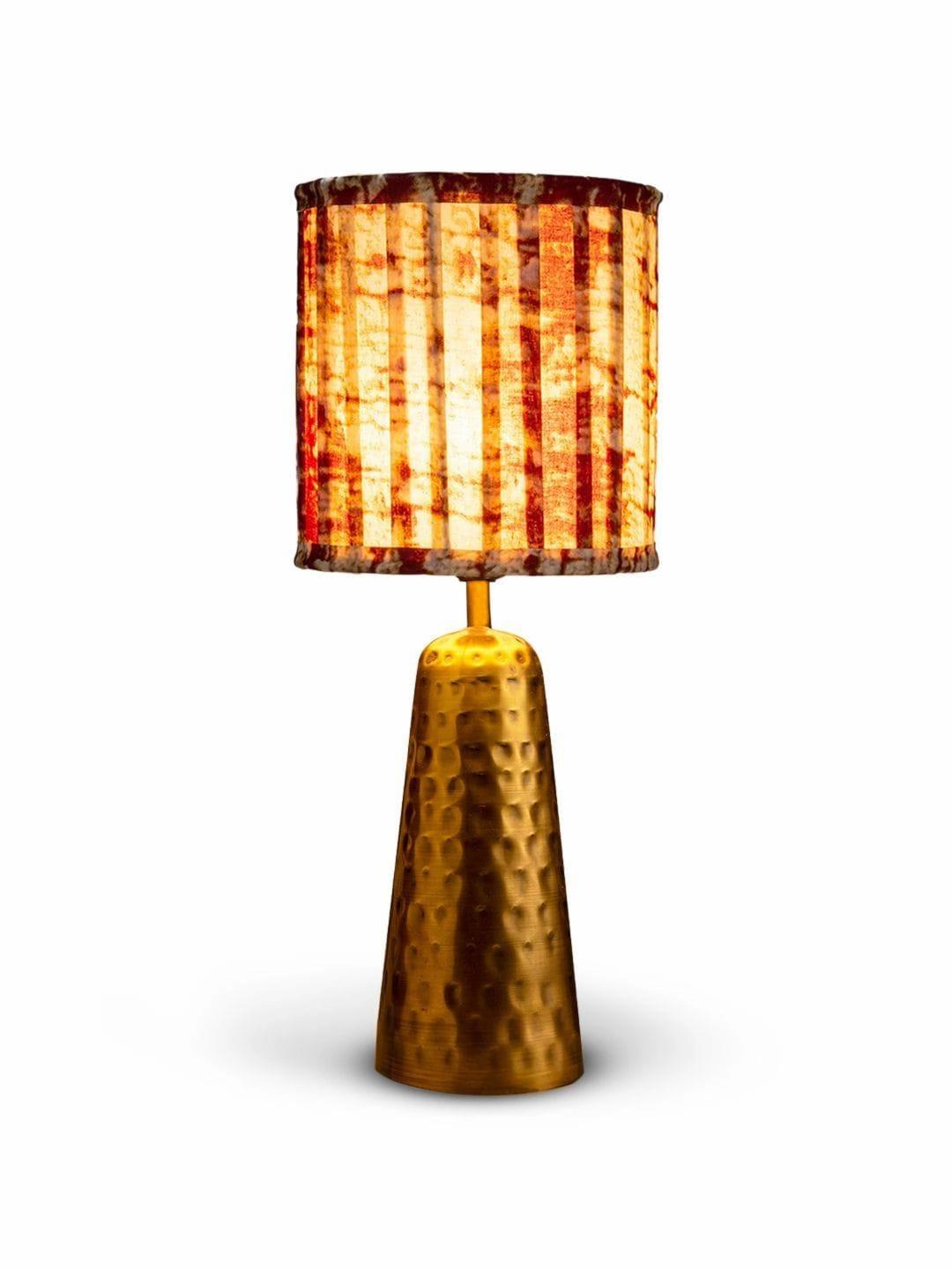Golden Hammered V-Shaped Lamp with Pleeted Muticolor Maroon Shade