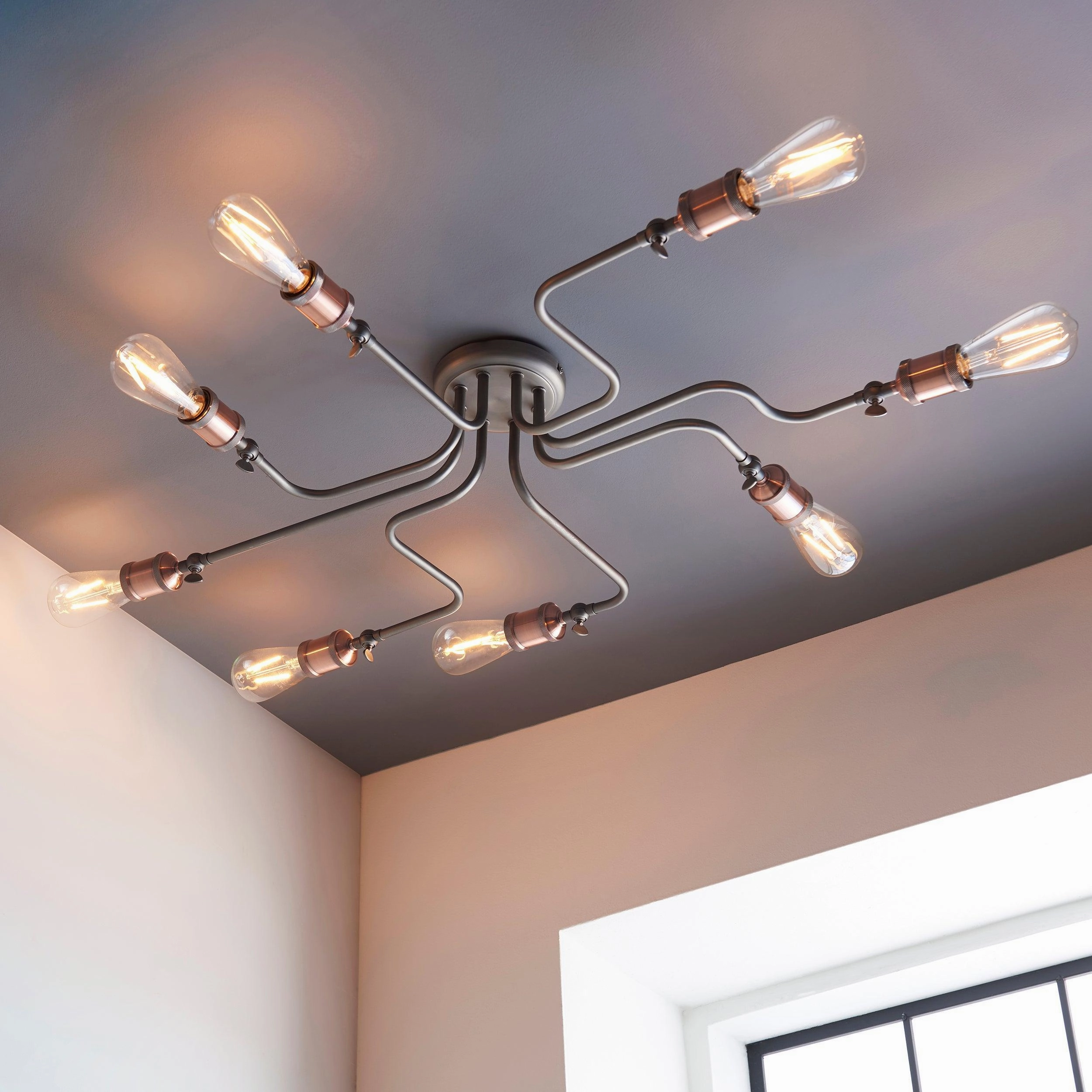 Hal 8 Light Industrial Pewter & Copper Semi Flush Ceiling Light