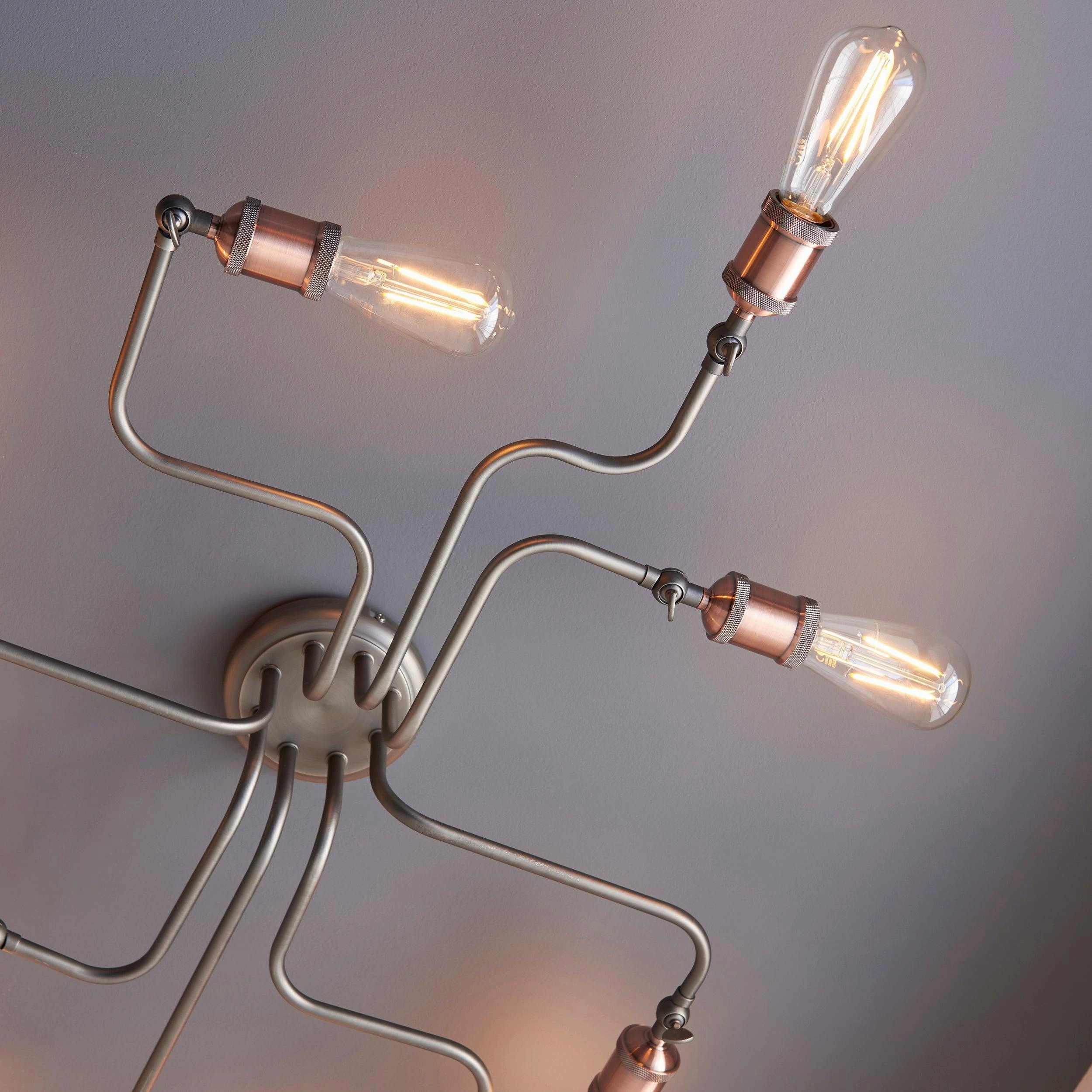 Hal 8 Light Industrial Pewter & Copper Semi Flush Ceiling Light