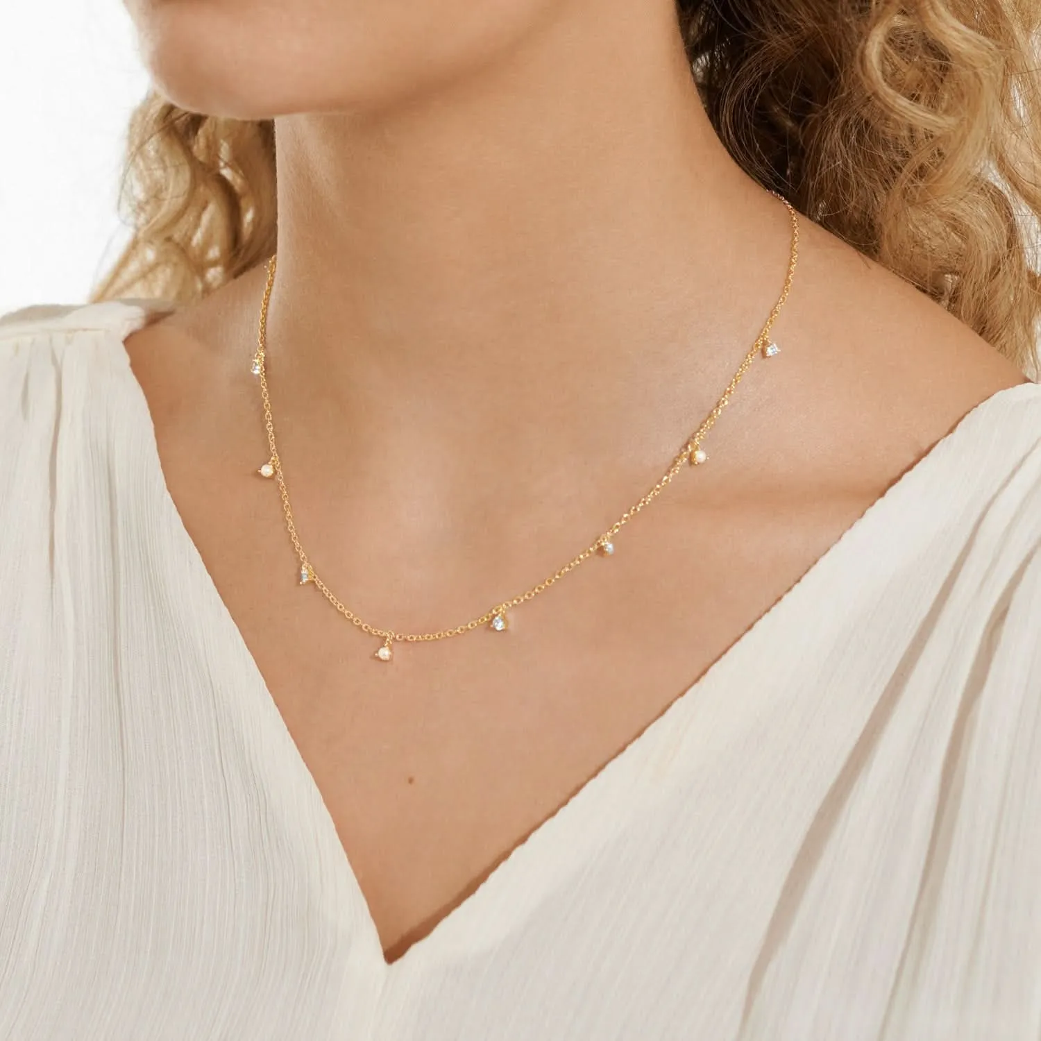 Halo Pearl Cubic Zirconia & Pearl Charms Gold Plated Necklace 8102 Joma Jewellery