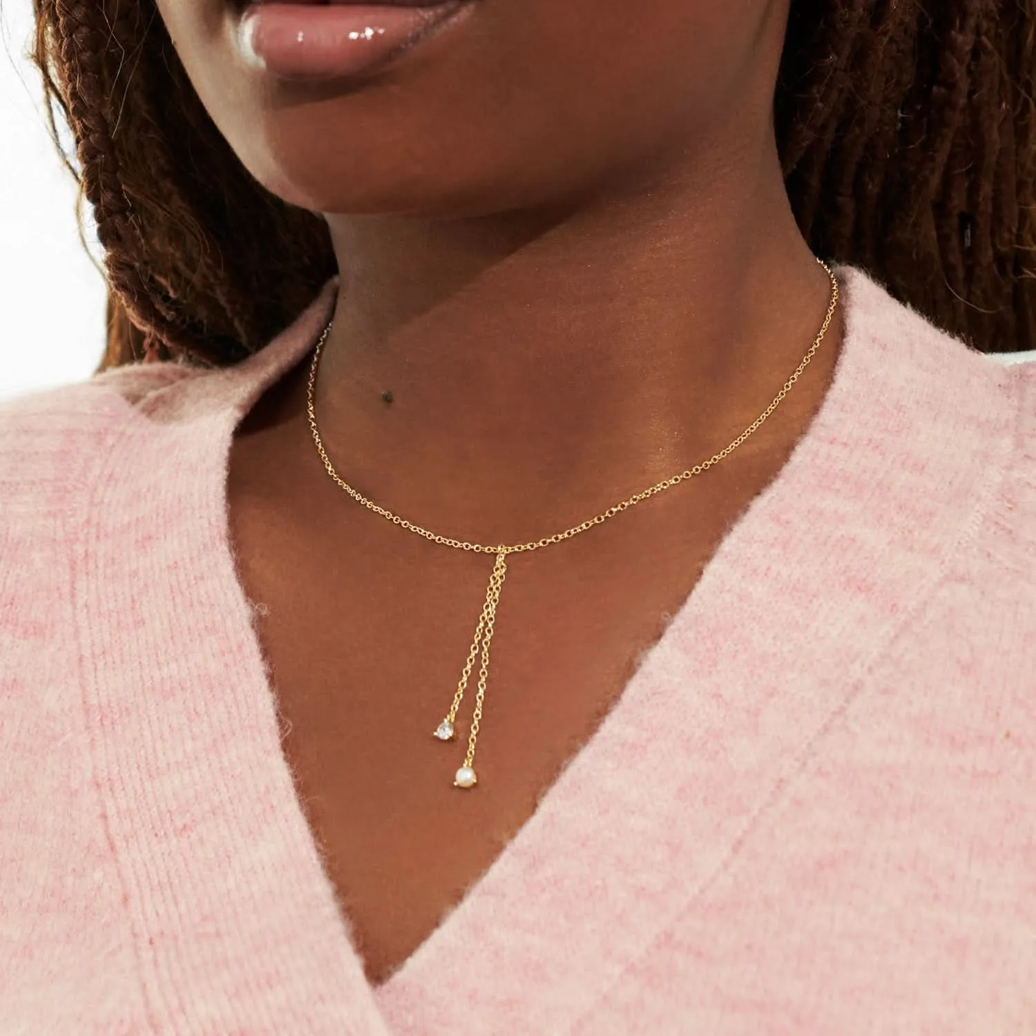 Halo Pearl Cubic Zirconia & Pearl Lariat Gold Plated Necklace 8105 Joma Jewellery