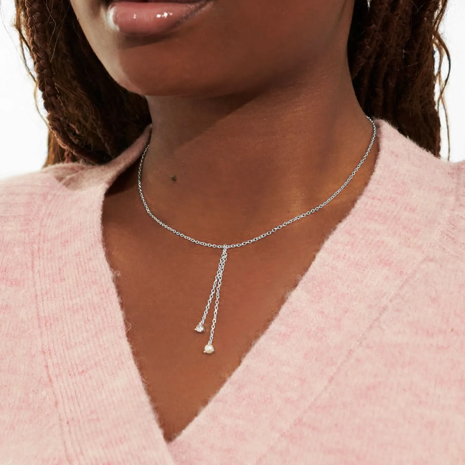 Halo Pearl Cubic Zirconia & Pearl Lariat Silver Plated Necklace 7839 Joma Jewellery