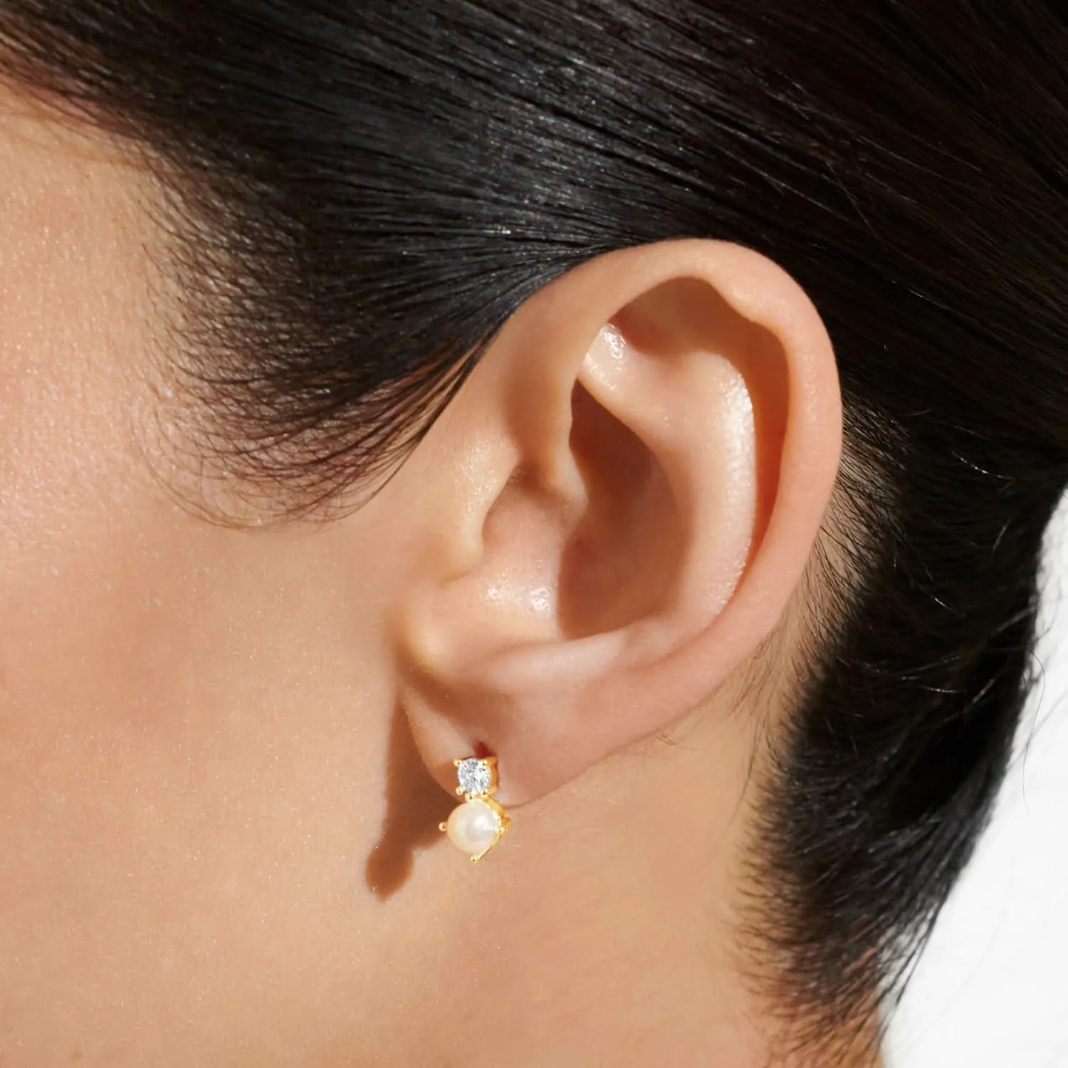 Halo Pearl Cubic Zirconia & Pearl Stud Gold Plated Earrings 8109 Joma Jewellery