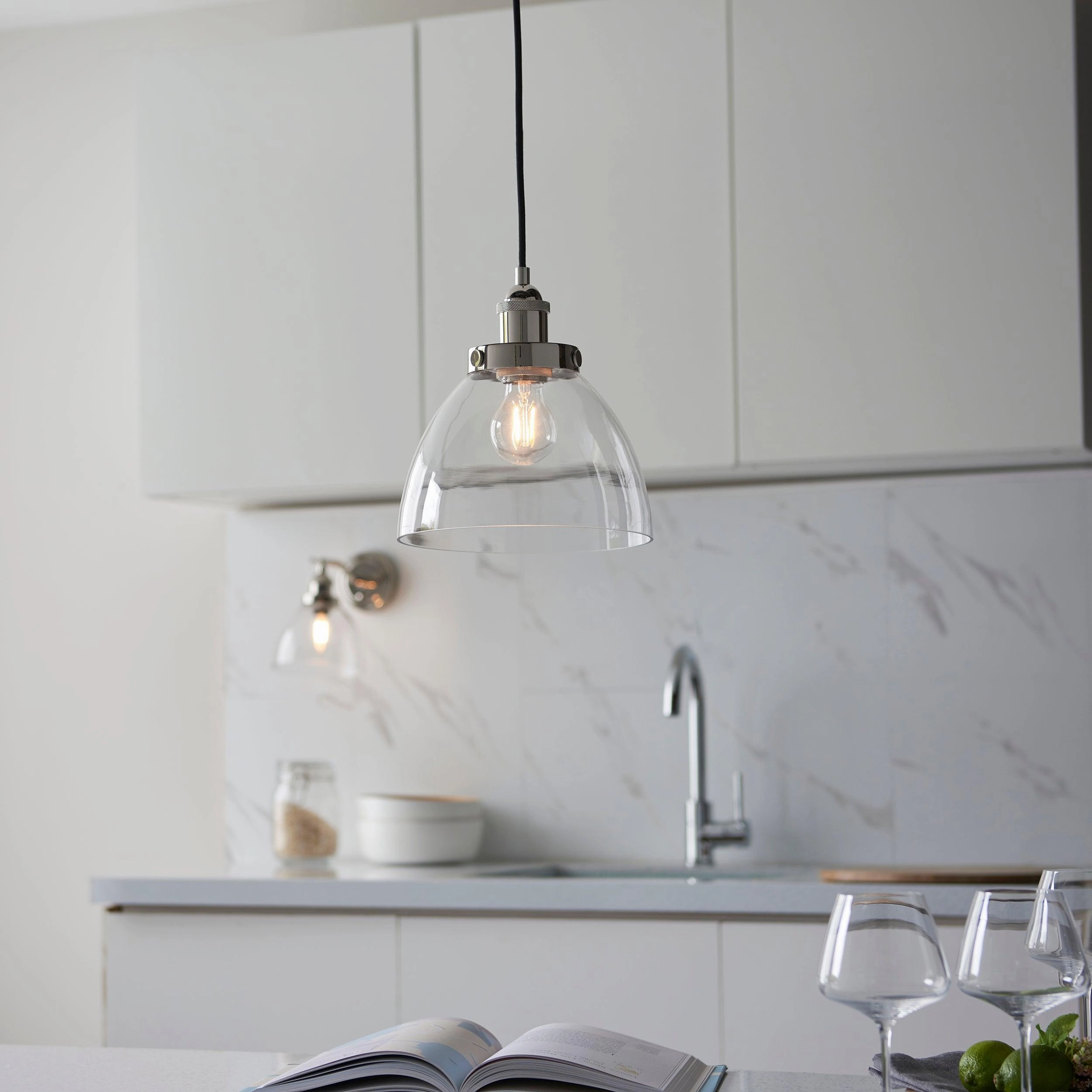 Hansen Nickel Industrial Pendant Light - Clear Glass Shade