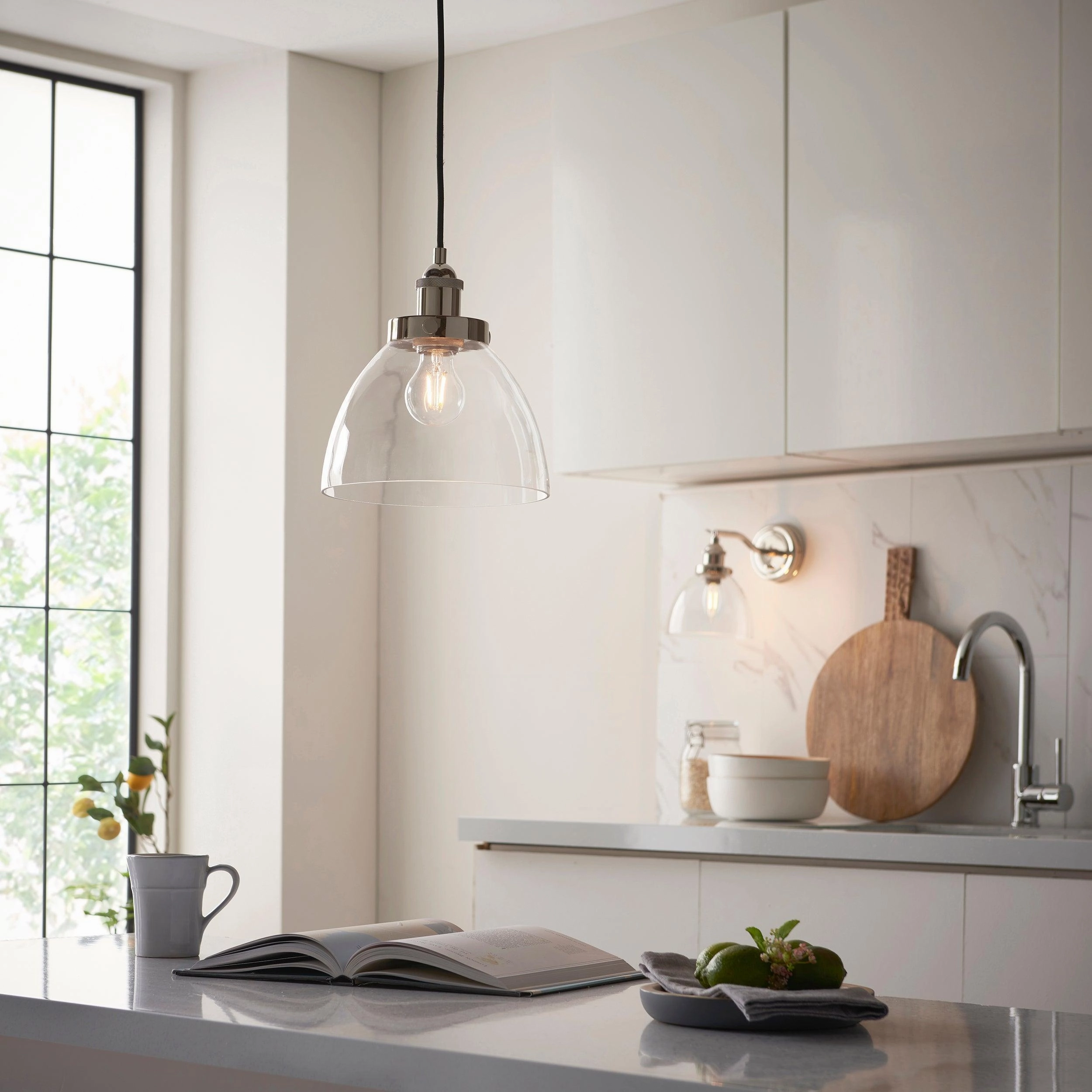 Hansen Nickel Industrial Pendant Light - Clear Glass Shade