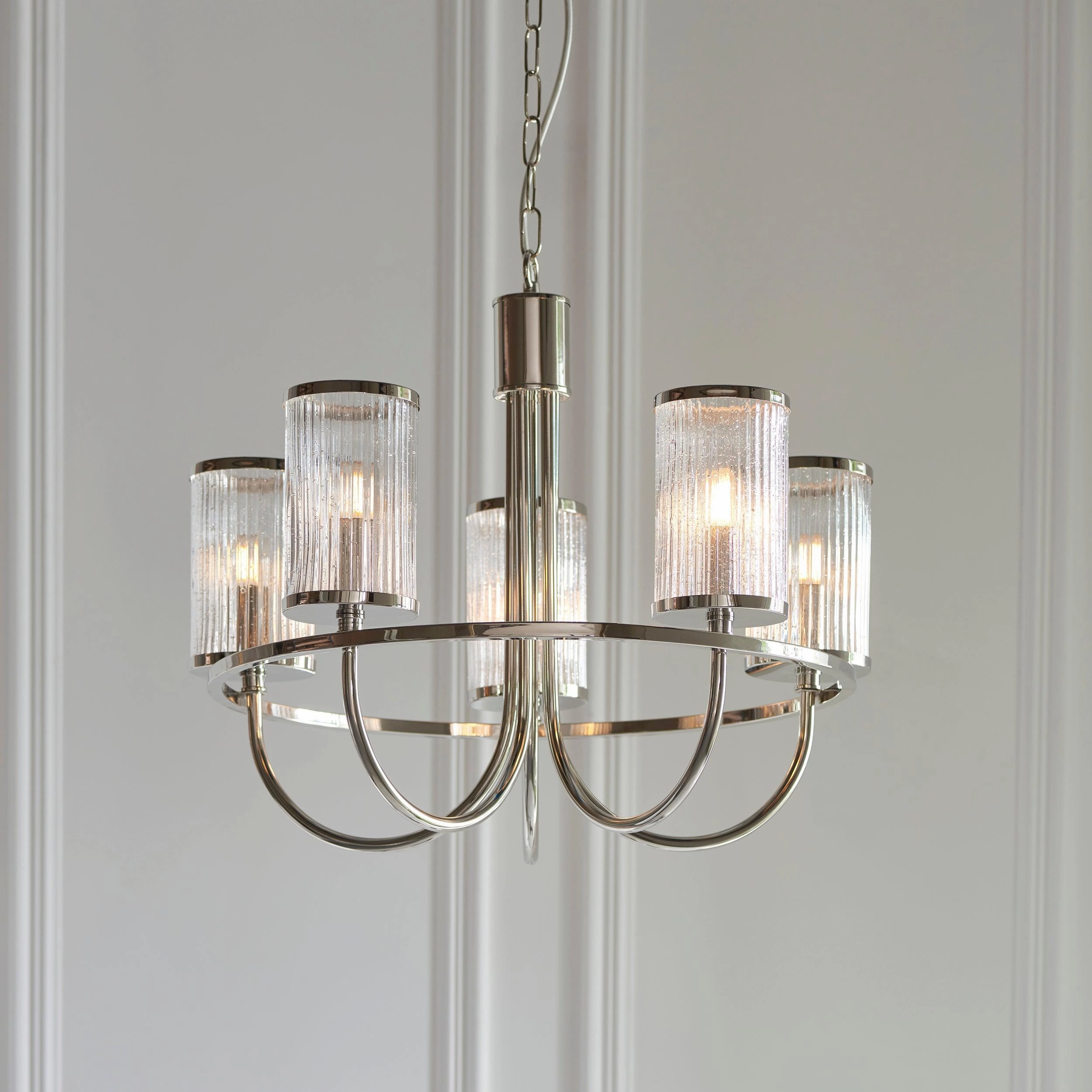 Henbury 5 Light Nickel & Ribbed Glass Shades Pendant