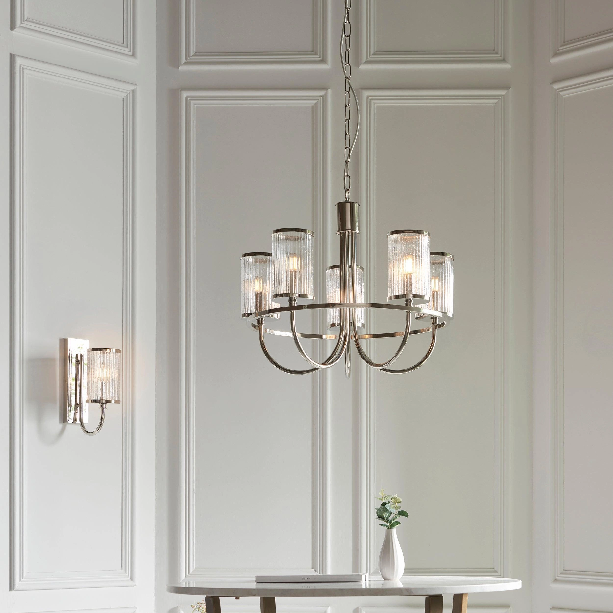 Henbury 5 Light Nickel & Ribbed Glass Shades Pendant