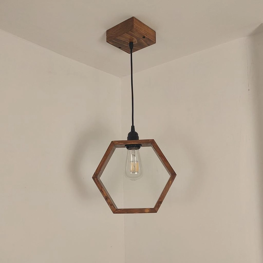 Hex Brown Wooden Single Hanging Lamp