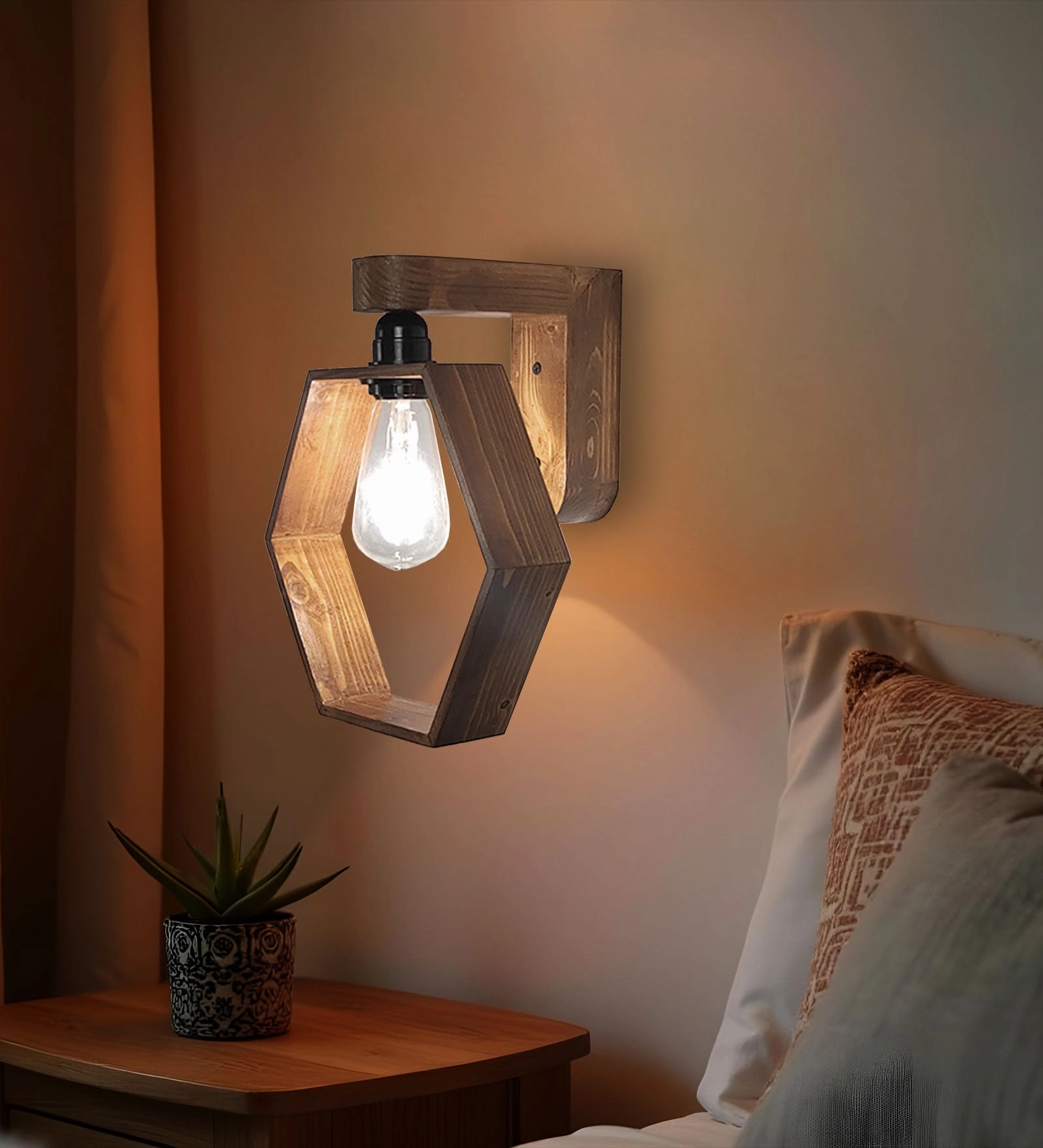 Hex Brown Wooden Wall Light (BULB NOT INCLUDED) vintage desk lamp