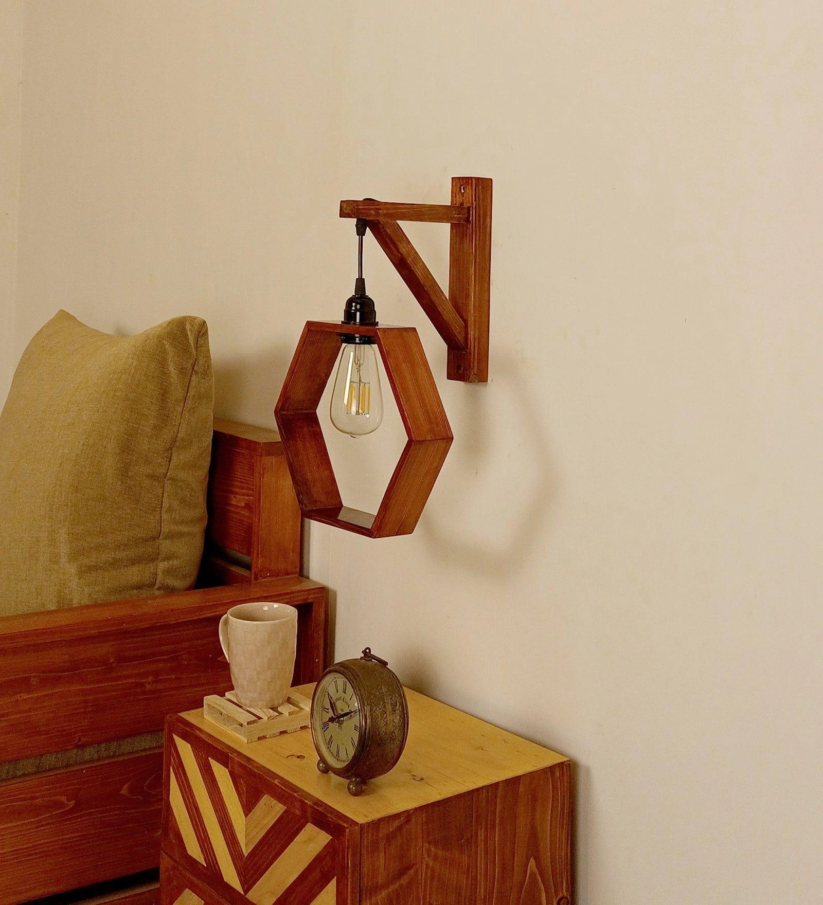 Hex L Brown Wooden Wall Light (BULB NOT INCLUDED)