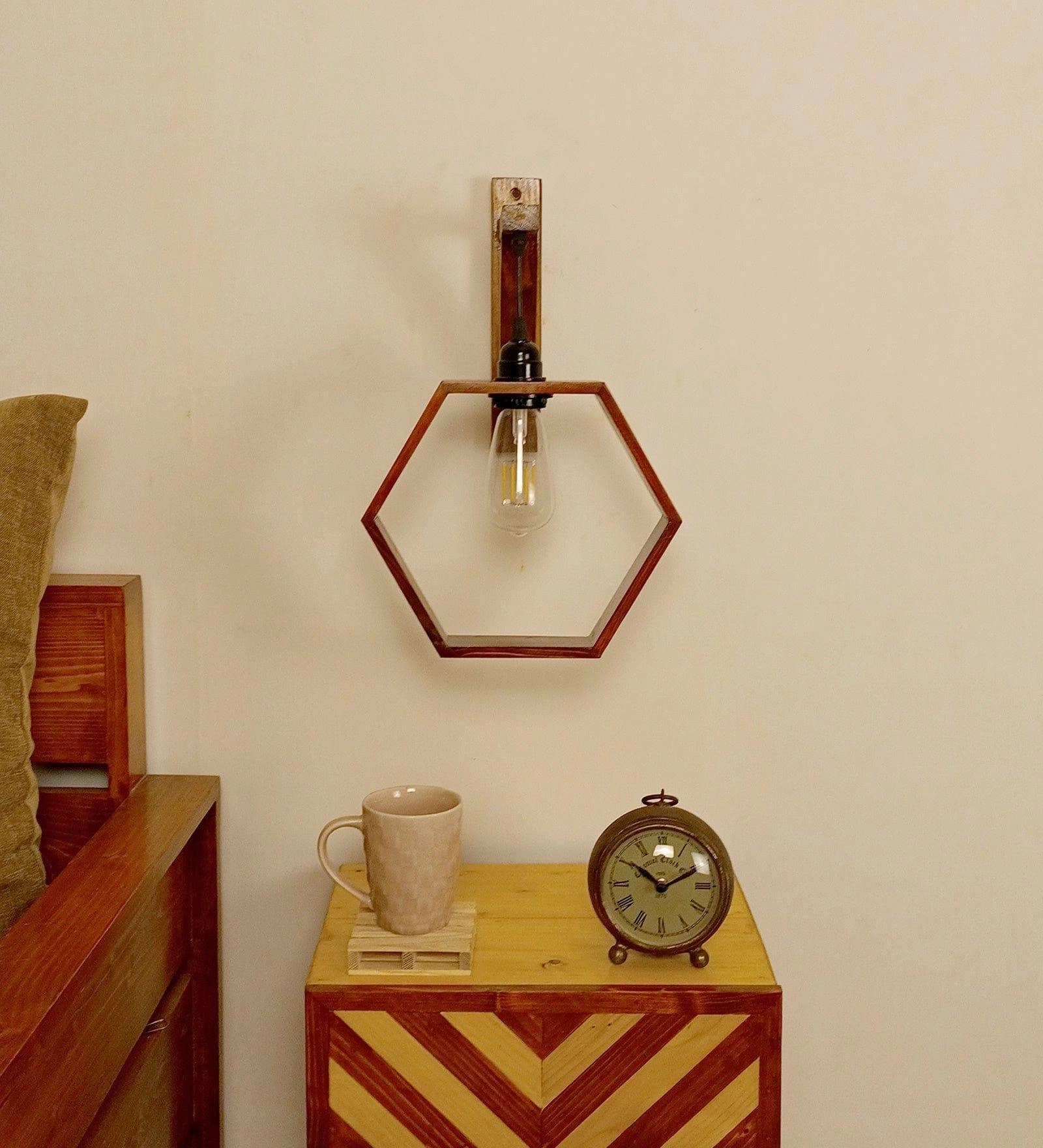 Hex L Brown Wooden Wall Light (BULB NOT INCLUDED)