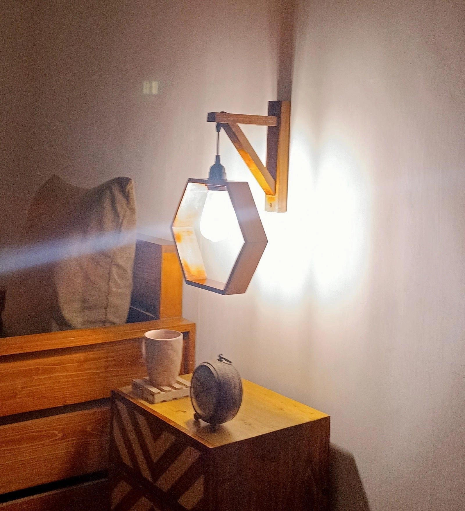 Hex L Brown Wooden Wall Light (BULB NOT INCLUDED)
