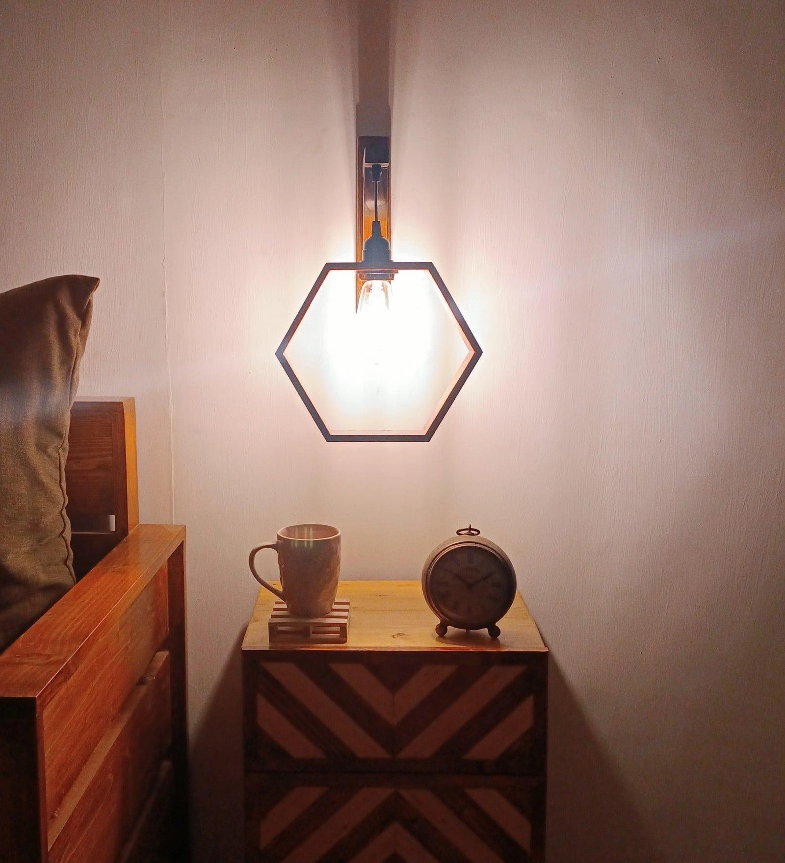 Hex L Brown Wooden Wall Light (BULB NOT INCLUDED)