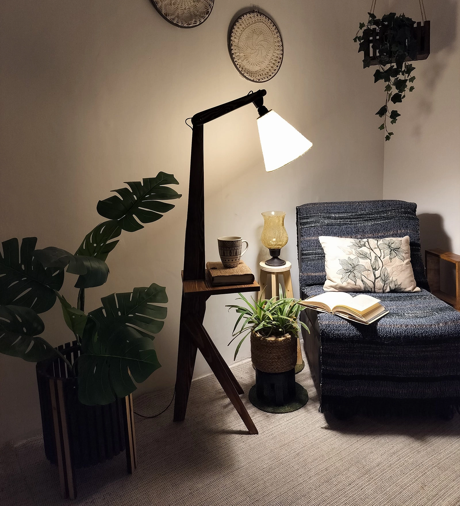 Hubert Wooden Floor Lamp with Brown Base and Jute Fabric Lampshade (BULB NOT INCLUDED)