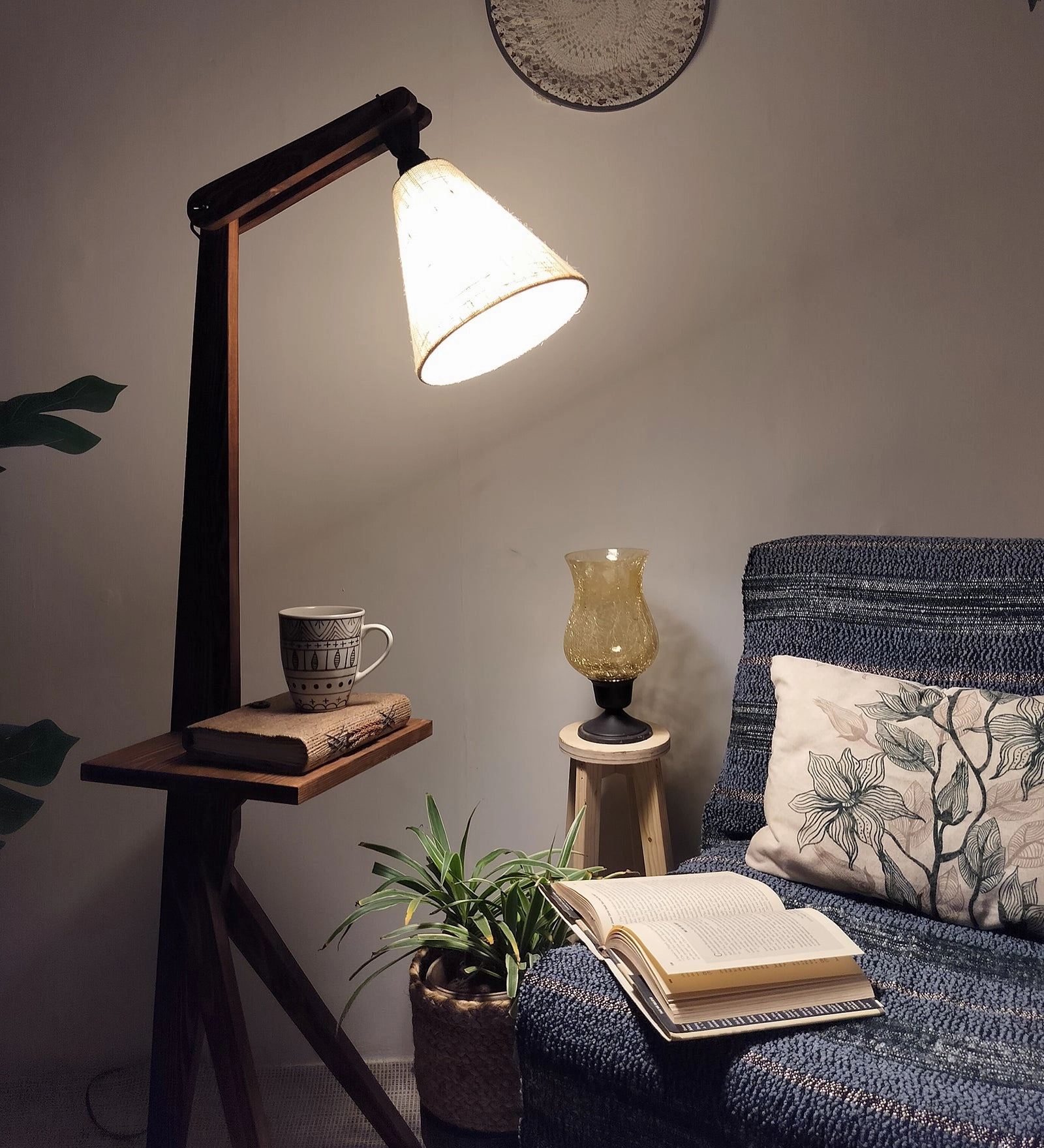 Hubert Wooden Floor Lamp with Brown Base and Jute Fabric Lampshade (BULB NOT INCLUDED)
