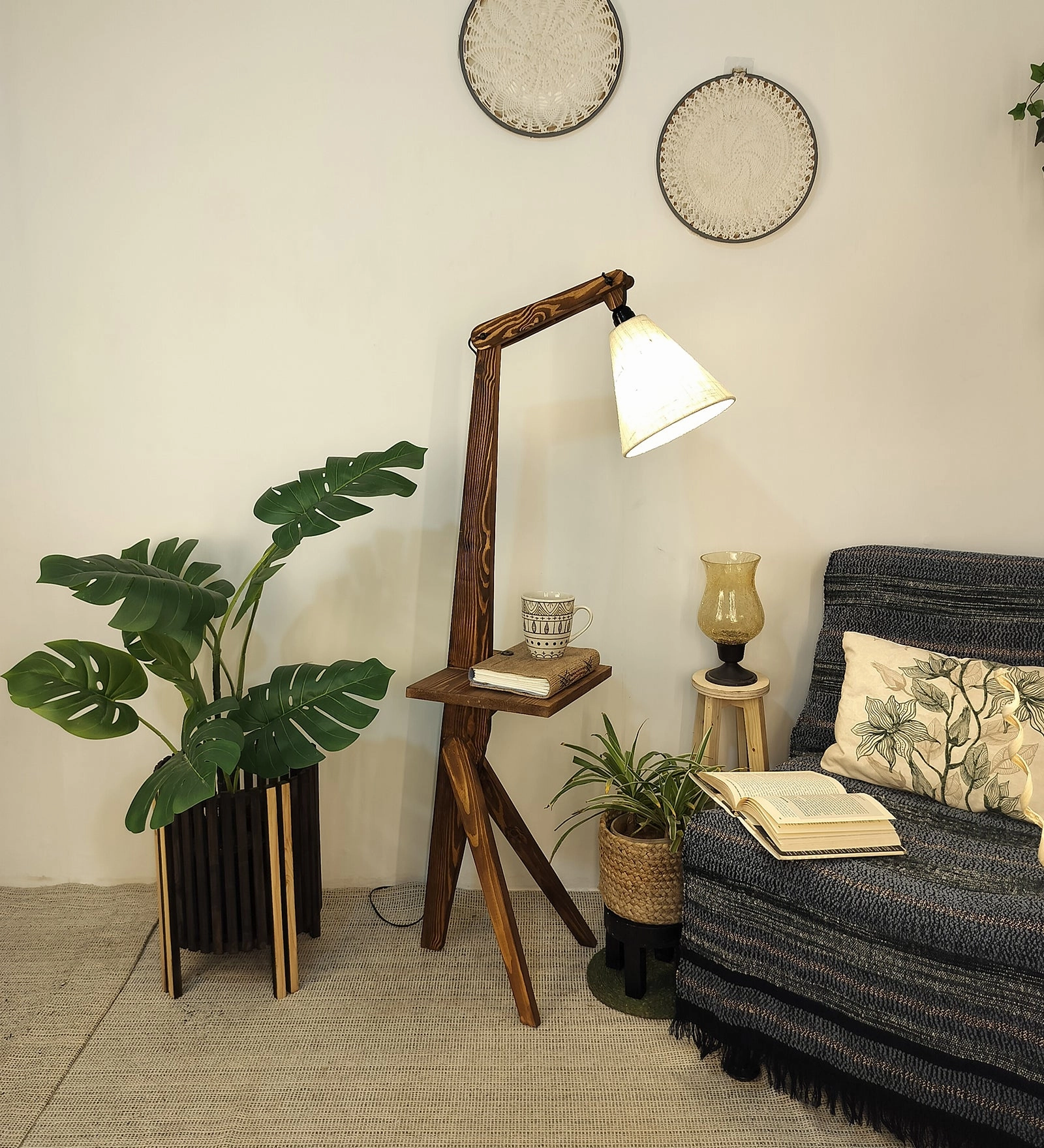 Hubert Wooden Floor Lamp with Brown Base and Jute Fabric Lampshade (BULB NOT INCLUDED)