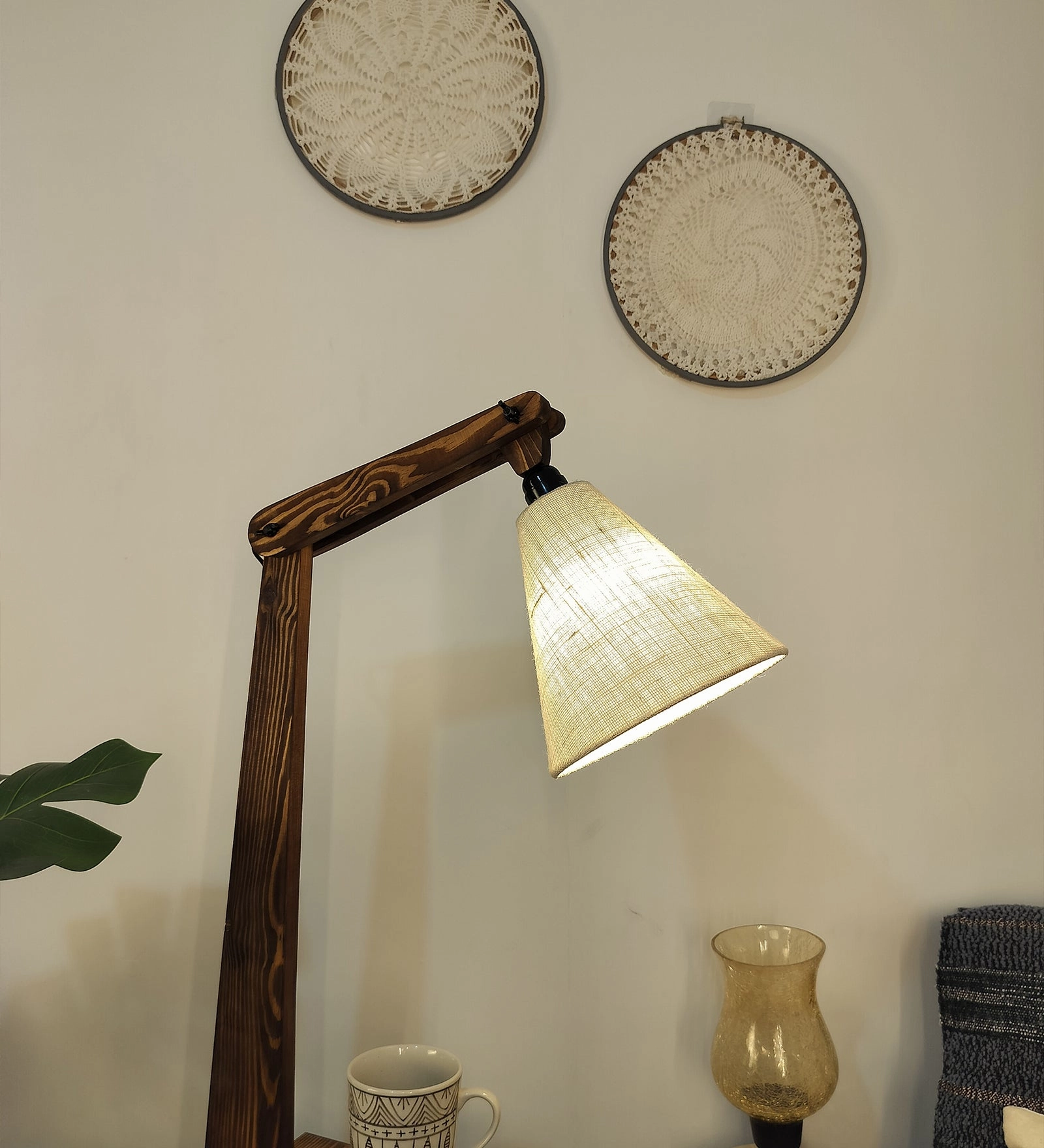 Hubert Wooden Floor Lamp with Brown Base and Jute Fabric Lampshade (BULB NOT INCLUDED)
