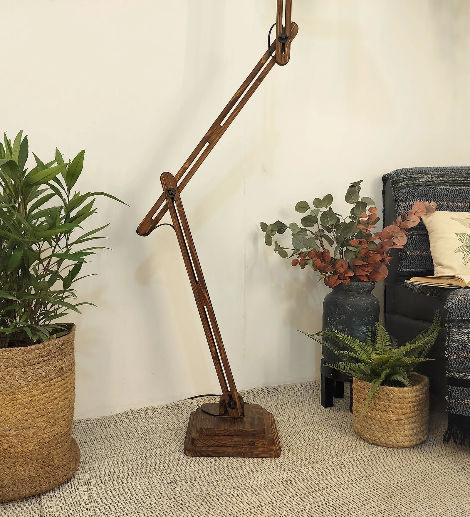 Hydra Wooden Floor Lamp with Brown Base and Jute Fabric Lampshade (BULB NOT INCLUDED)