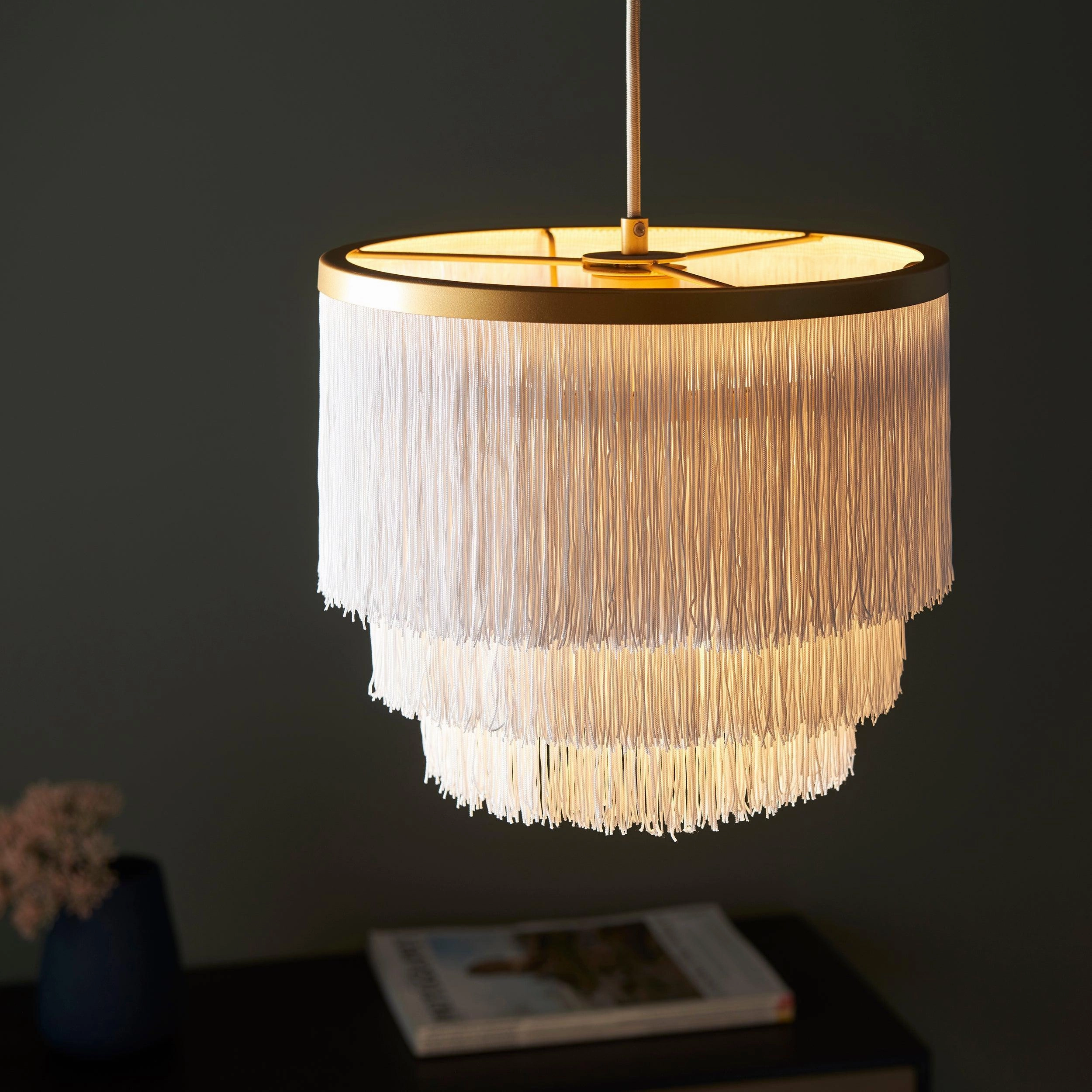 Illinois Large Gold Art Deco White Fringe Pendant