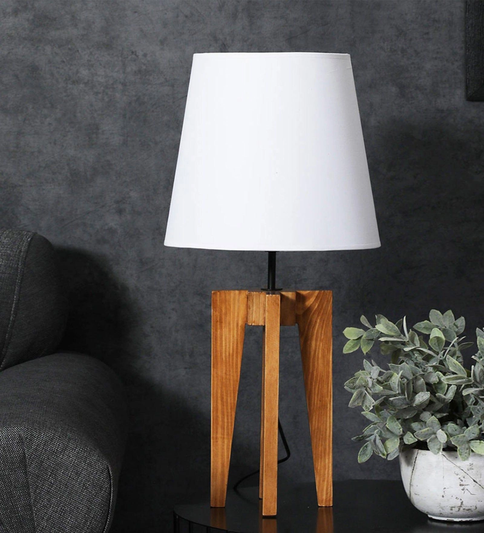 Jet Brown Wooden Table Lamp with Yellow Printed Fabric Lampshade (BULB NOT INCLUDED)