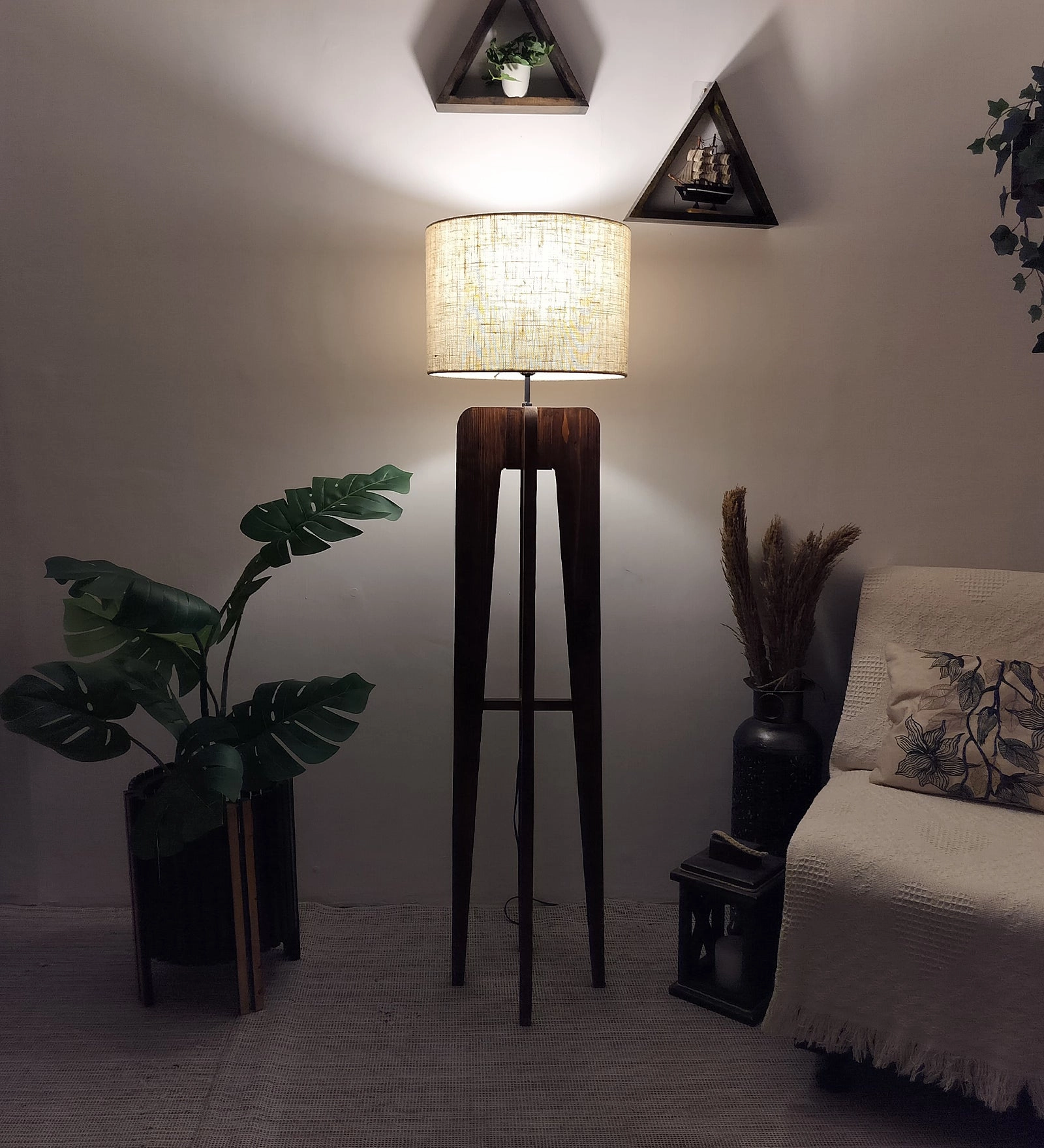 Jet Wooden Floor Lamp with Premium Beige Fabric Lampshade (BULB NOT INCLUDED)