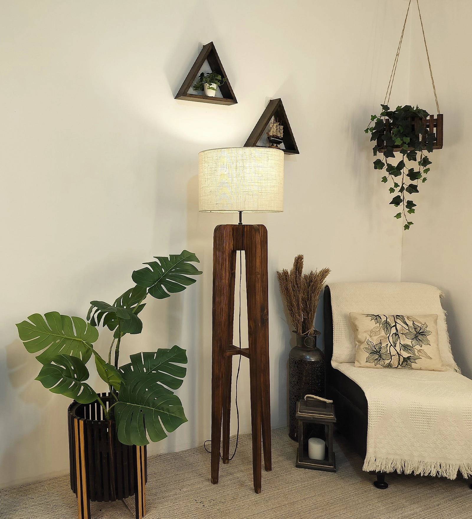 Jet Wooden Floor Lamp with Premium Beige Fabric Lampshade (BULB NOT INCLUDED)
