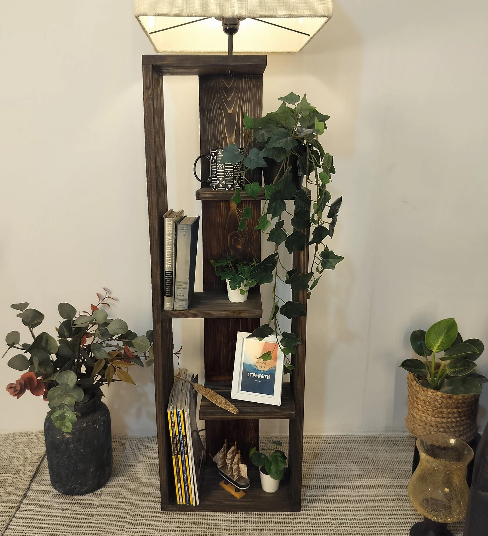 Jordan Wooden Floor Lamp with Brown Base and Jute Fabric Lampshade