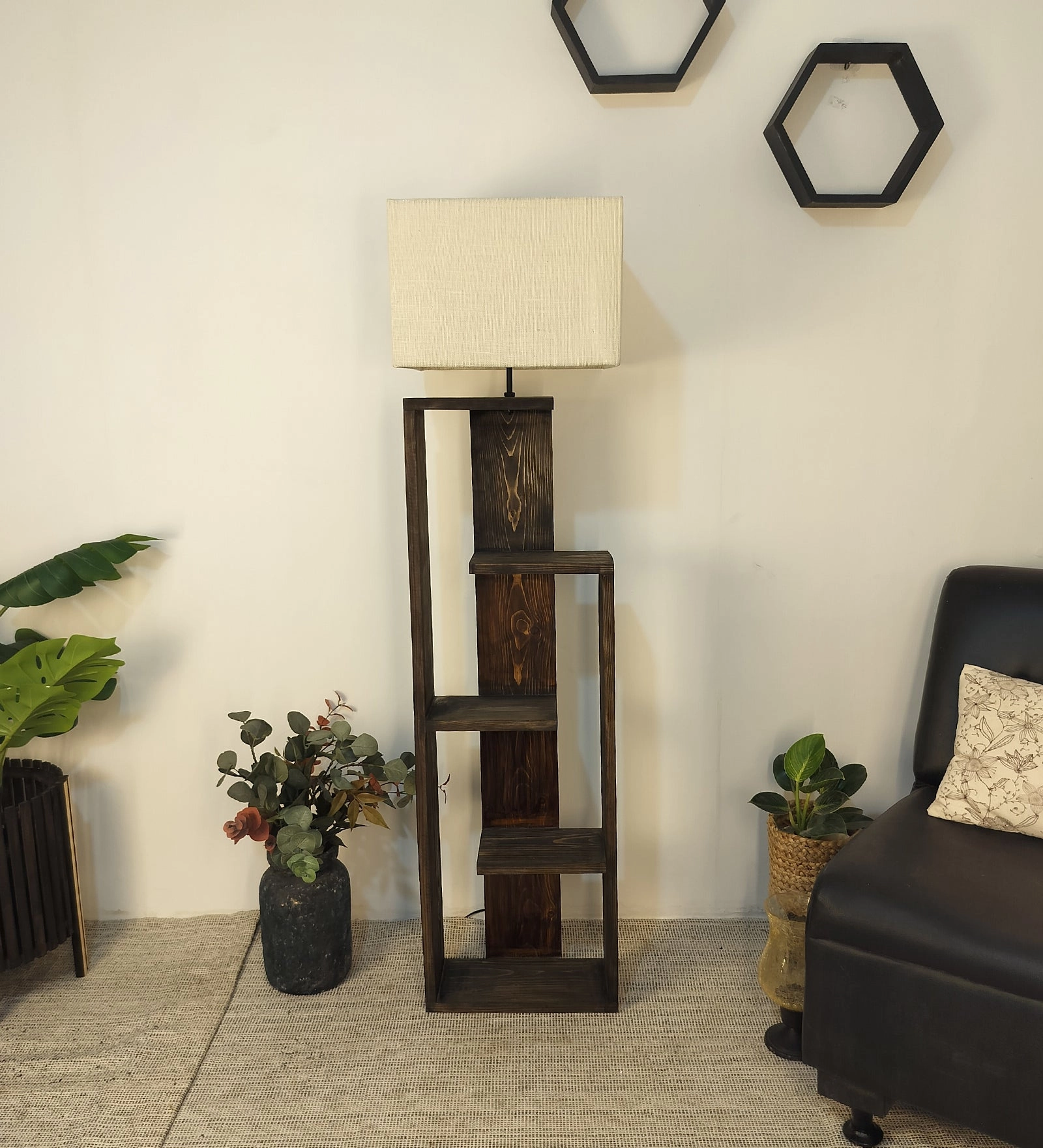 Jordan Wooden Floor Lamp with Brown Base and Jute Fabric Lampshade garden LED light