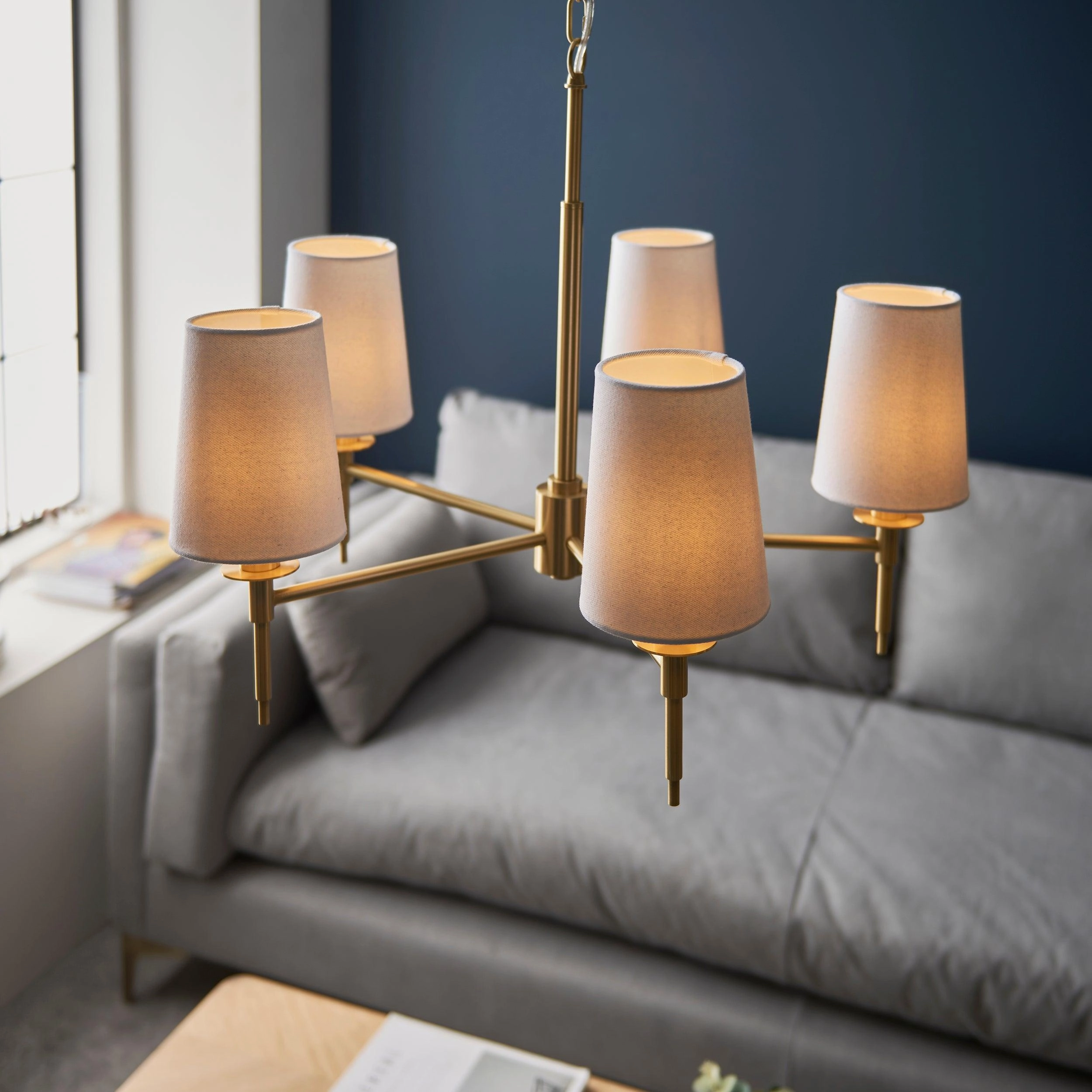 Kensington 5 Light Brass Pendant With White Tapered Shades
