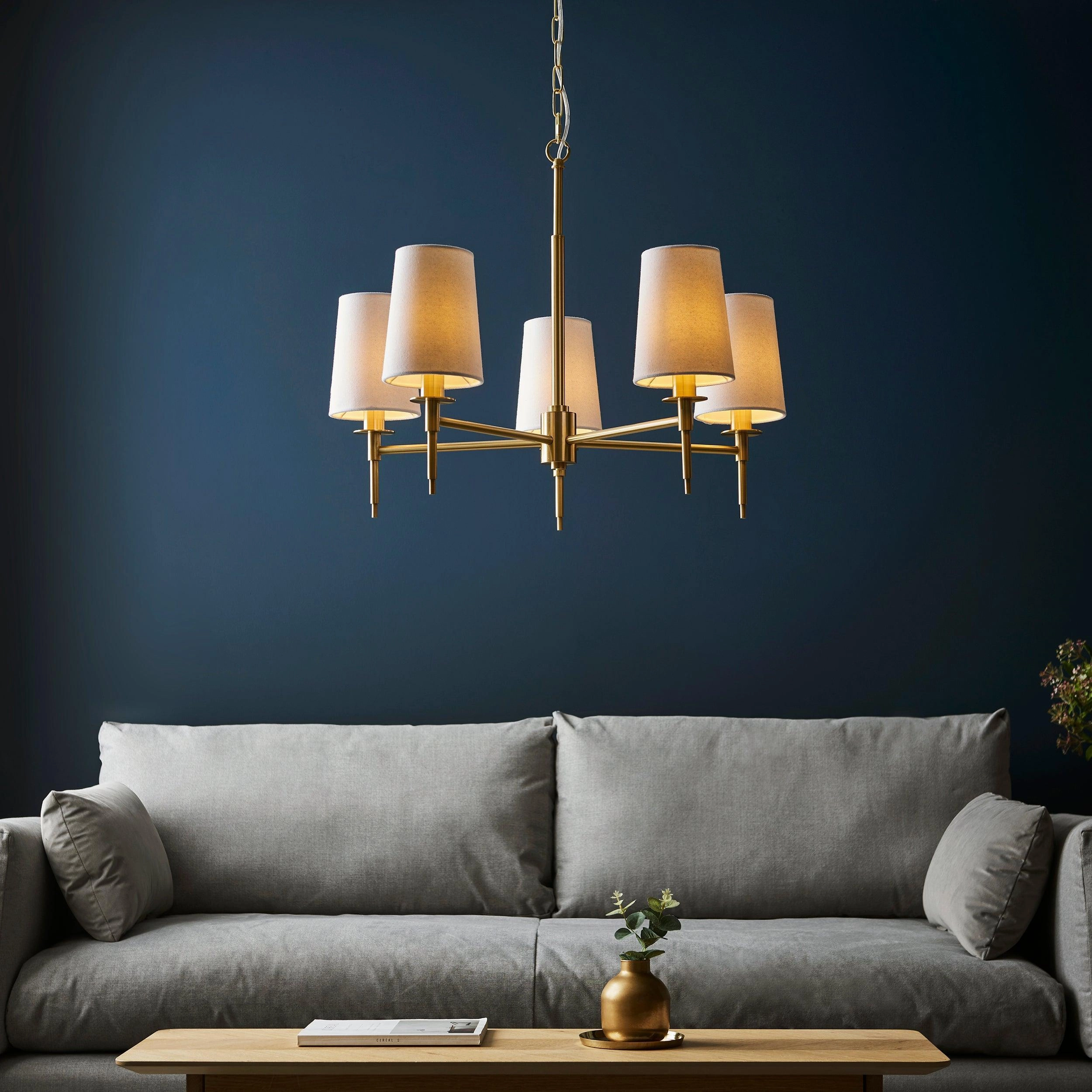 Kensington 5 Light Brass Pendant With White Tapered Shades