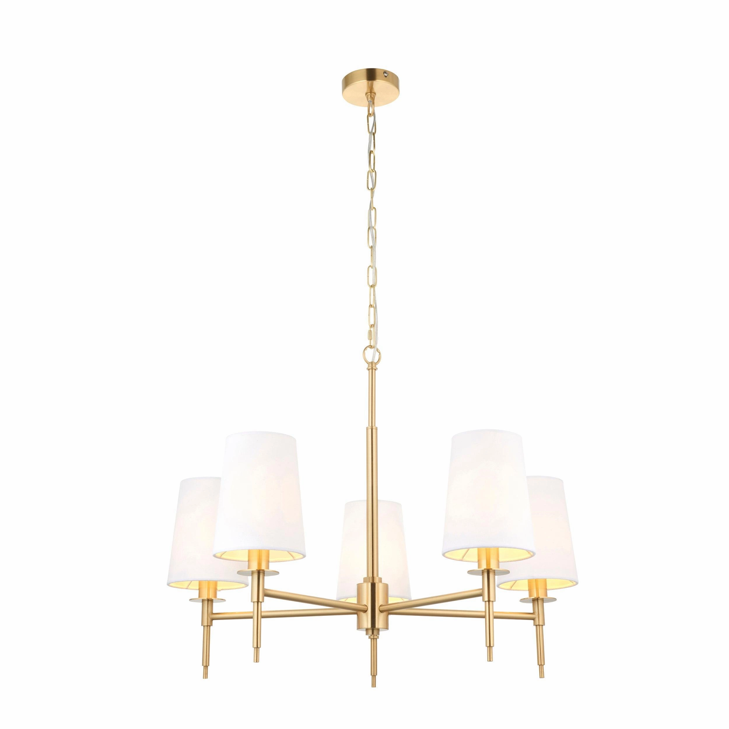 Kensington 5 Light Brass Pendant With White Tapered Shades