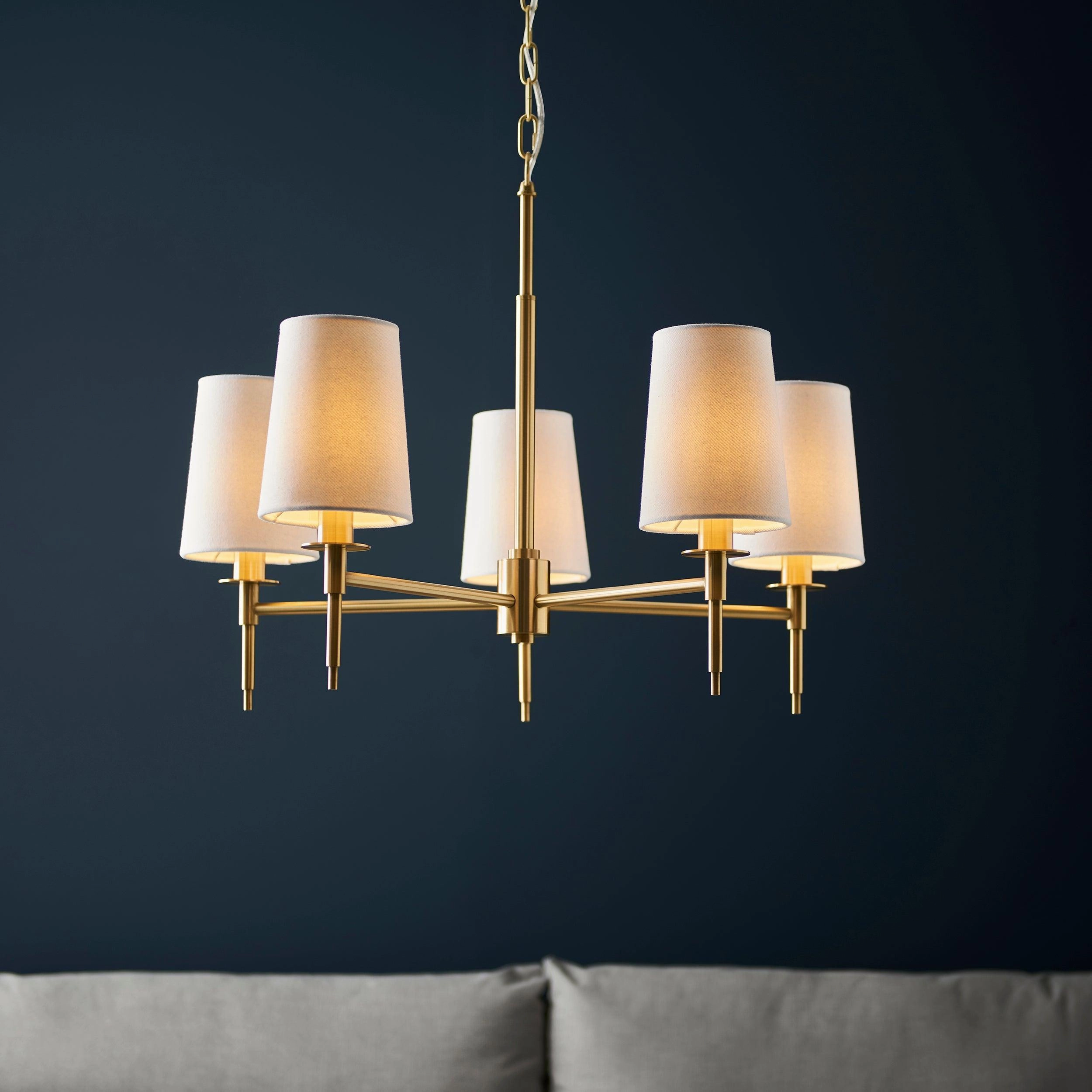 Kensington 5 Light Brass Pendant With White Tapered Shades
