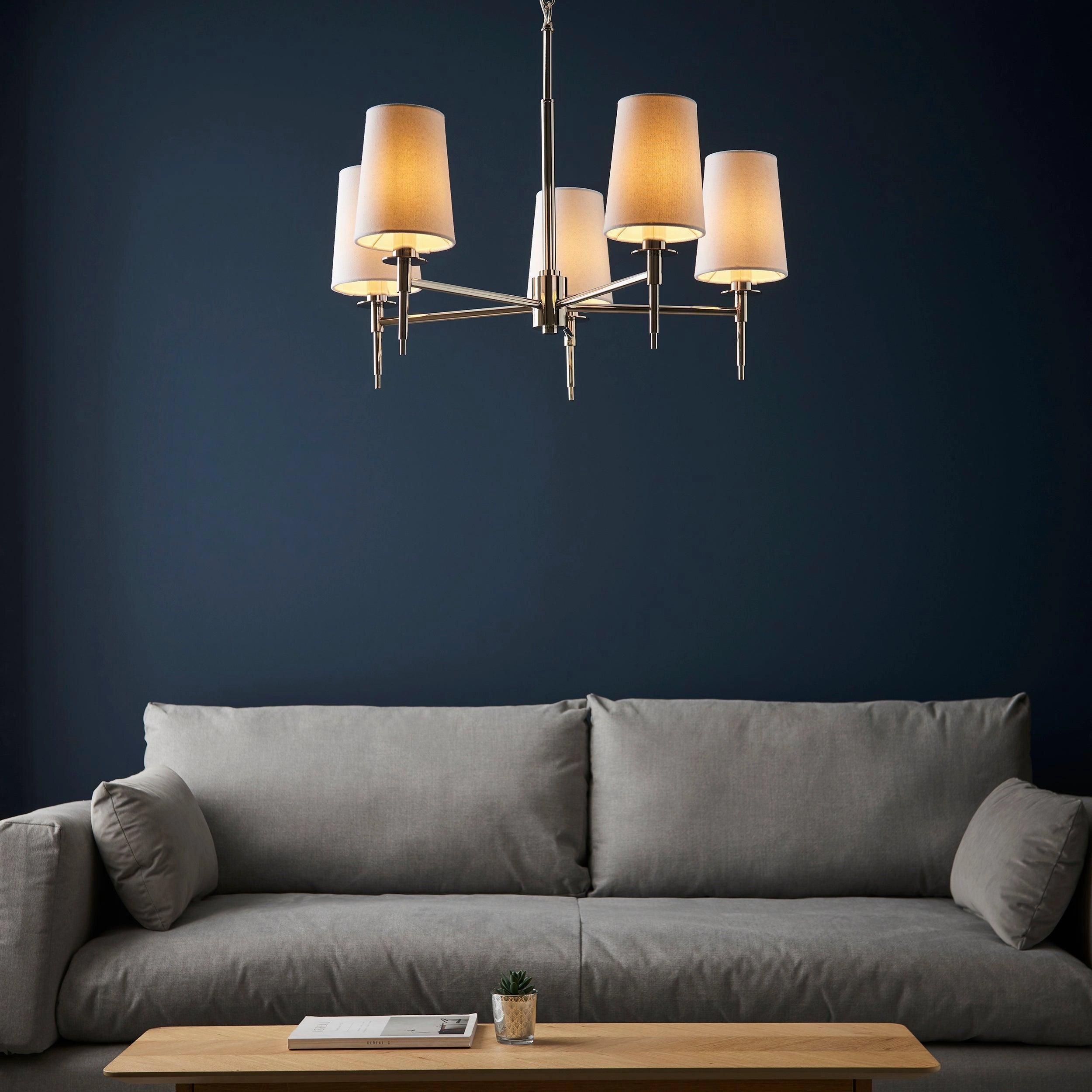 Kensington 5 Light Multi-Arm Nickel Pendant - White Shades