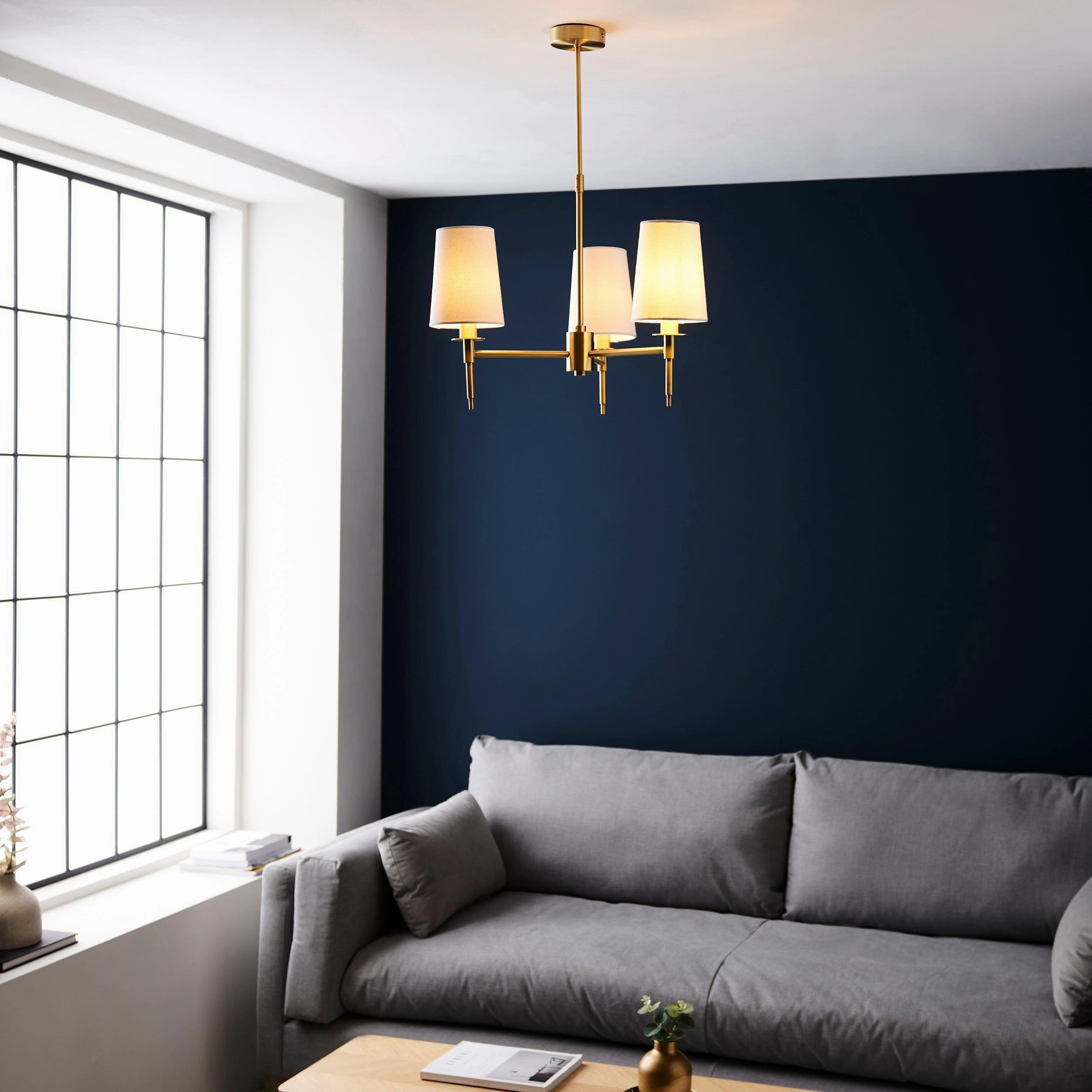 Kensington Brass 3 Light Art Deco Pendant - White Shades