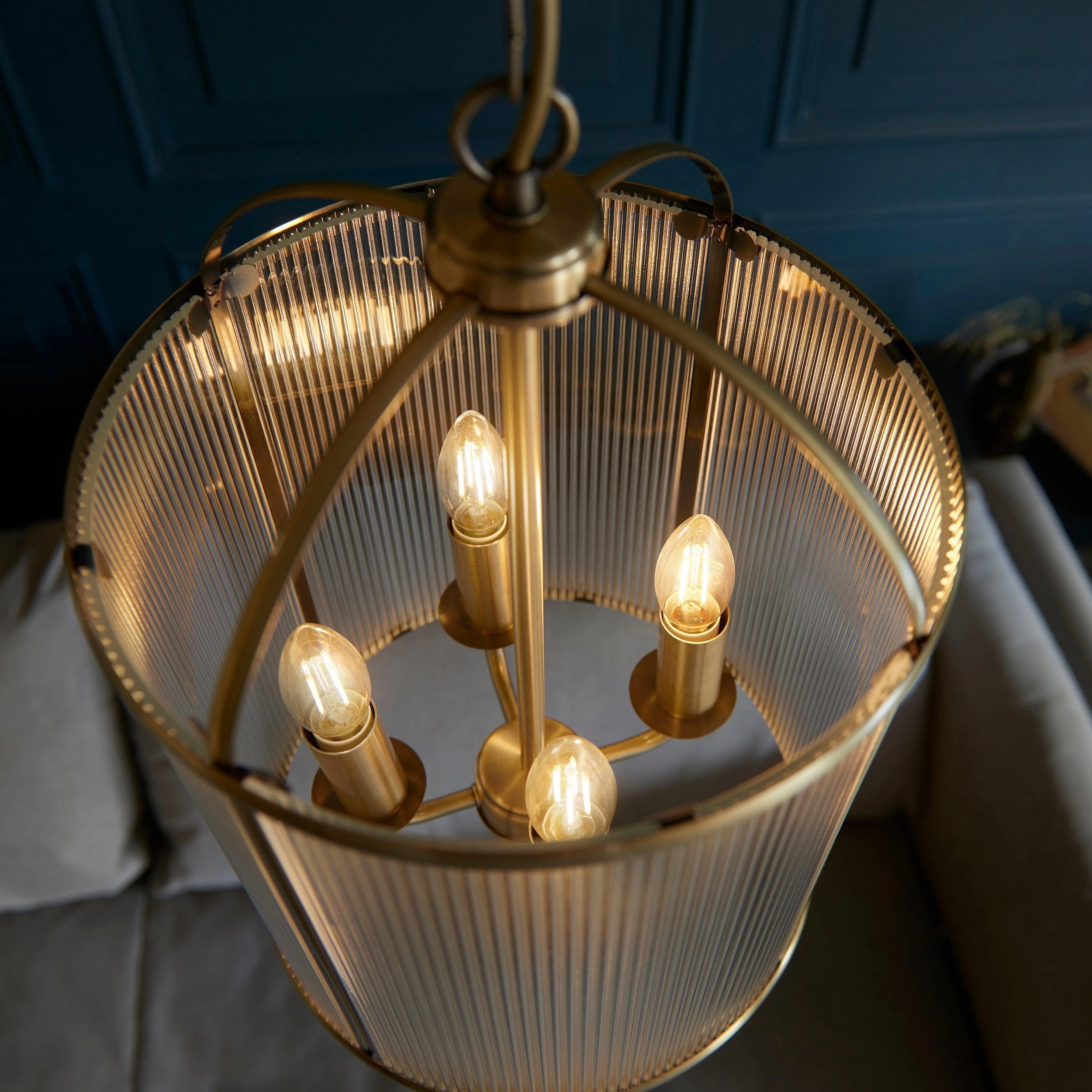 Lambeth 4 Light Brass & Ribbed Glass Ceiling Pendant