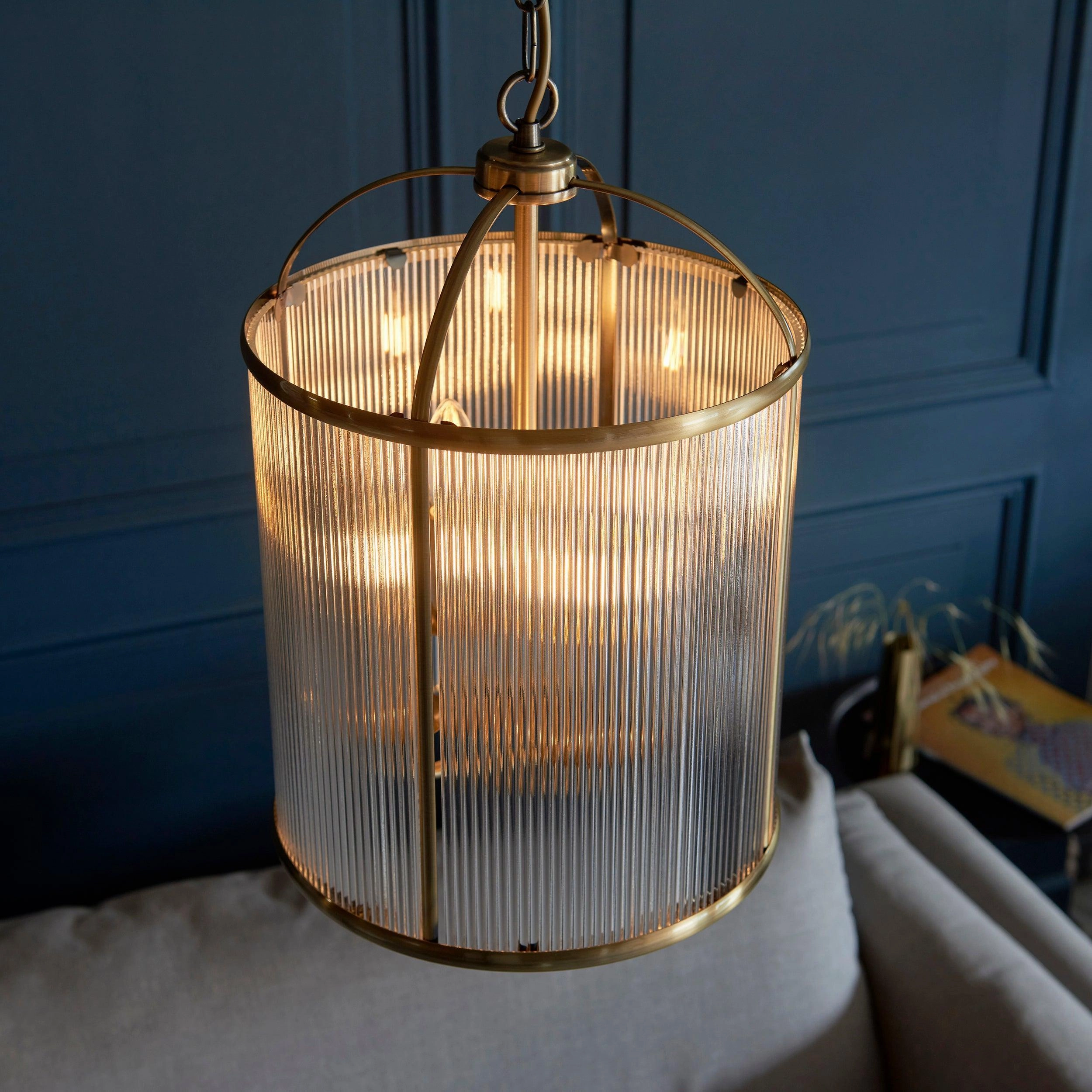 Lambeth 4 Light Brass & Ribbed Glass Ceiling Pendant