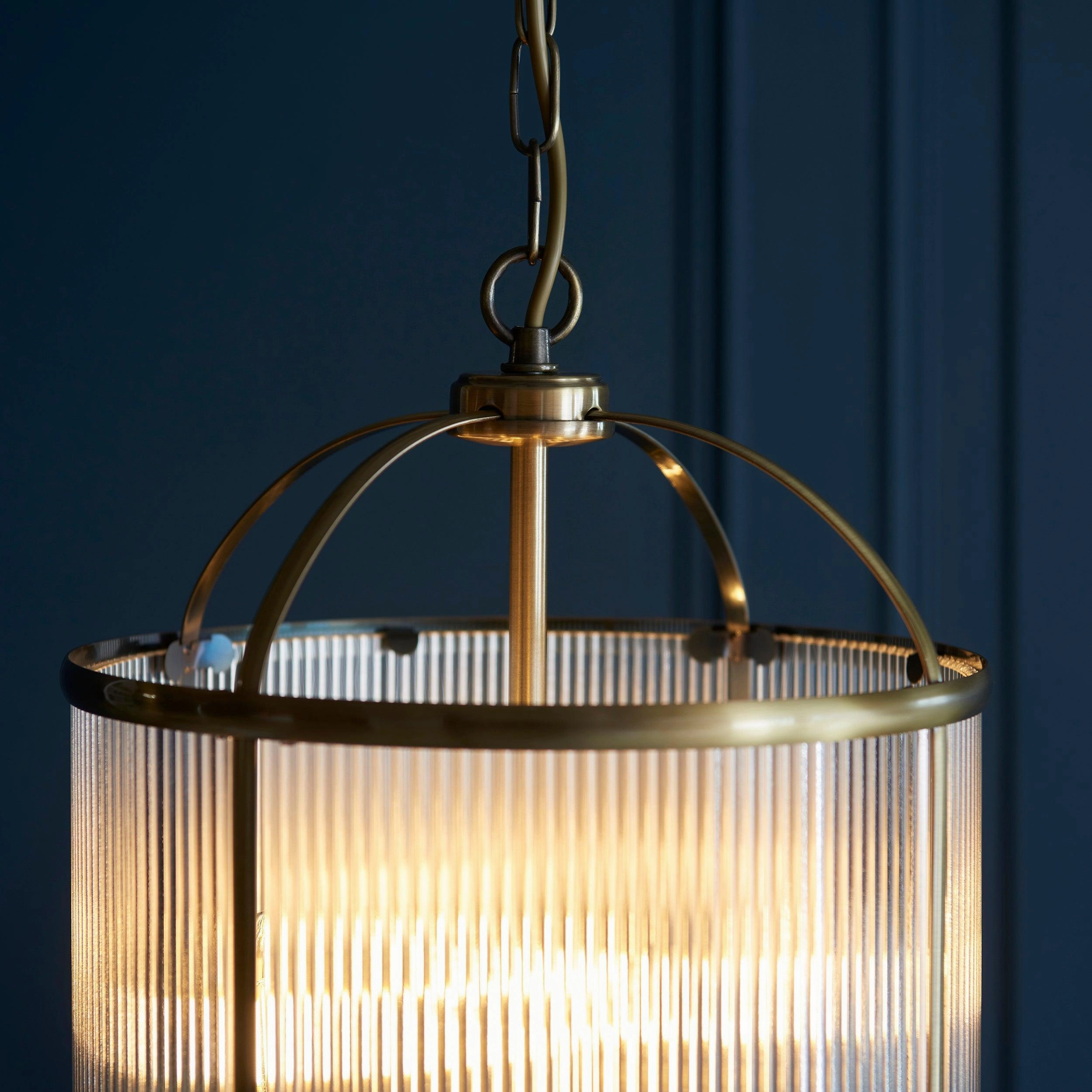 Lambeth 4 Light Brass & Ribbed Glass Ceiling Pendant