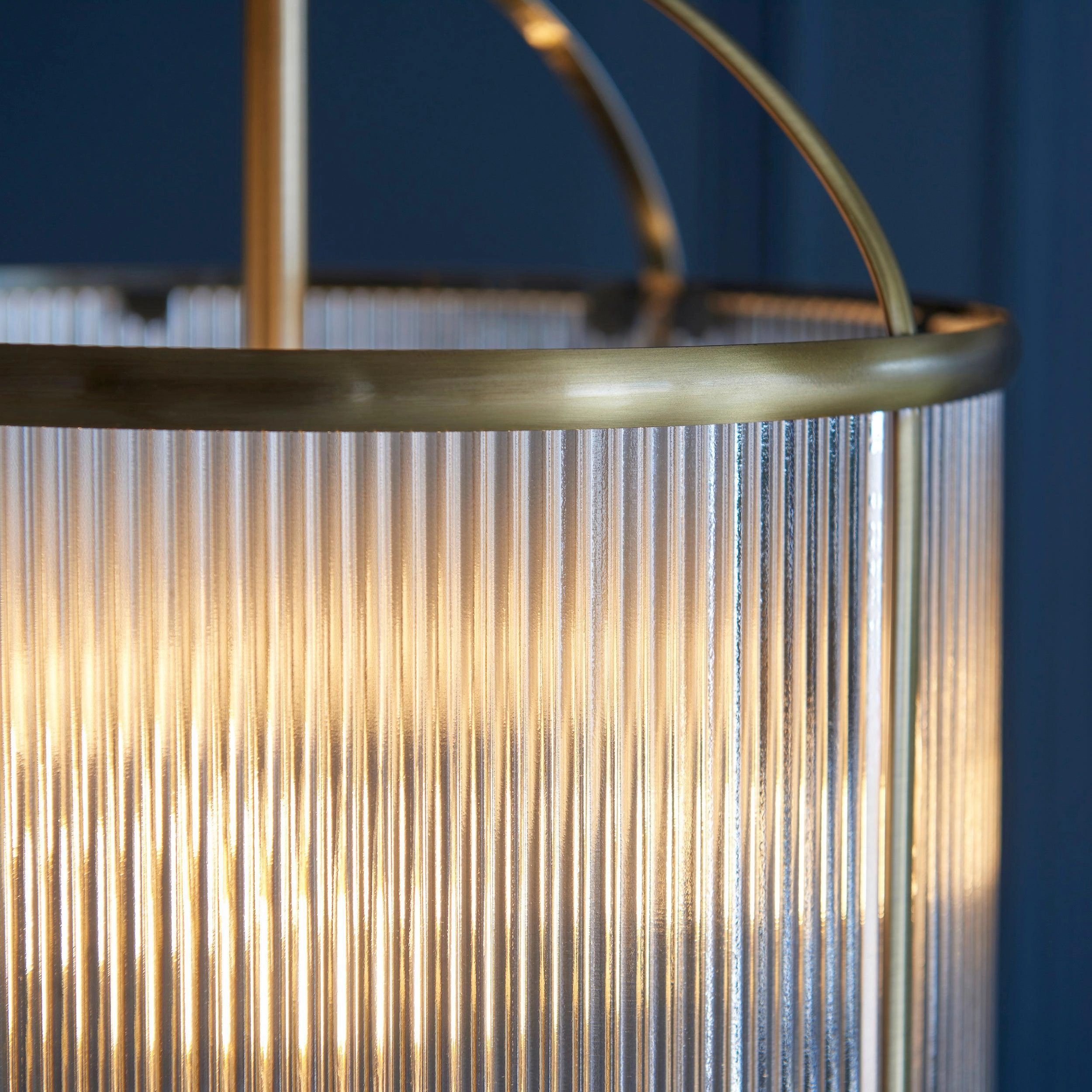 Lambeth 4 Light Brass & Ribbed Glass Ceiling Pendant