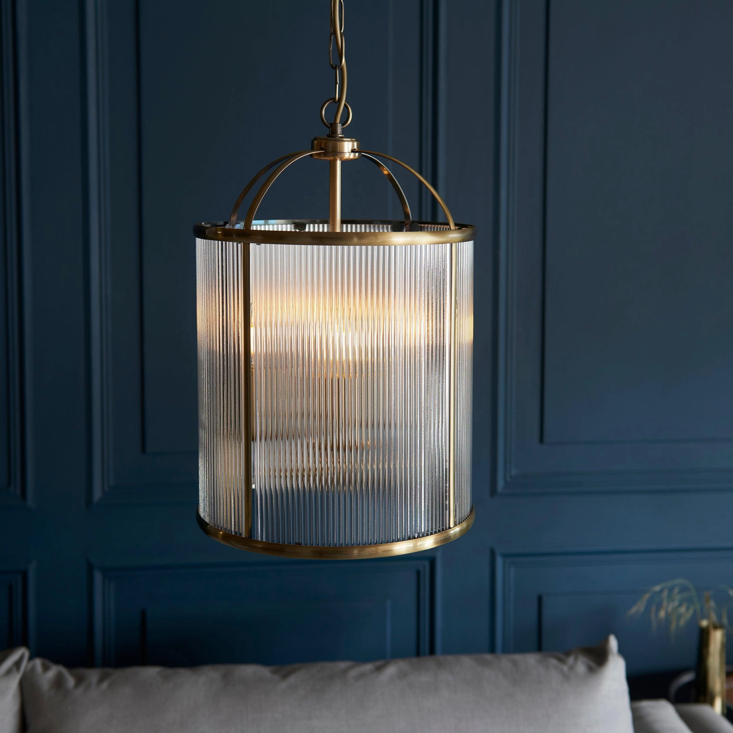 Lambeth 4 Light Brass & Ribbed Glass Ceiling Pendant