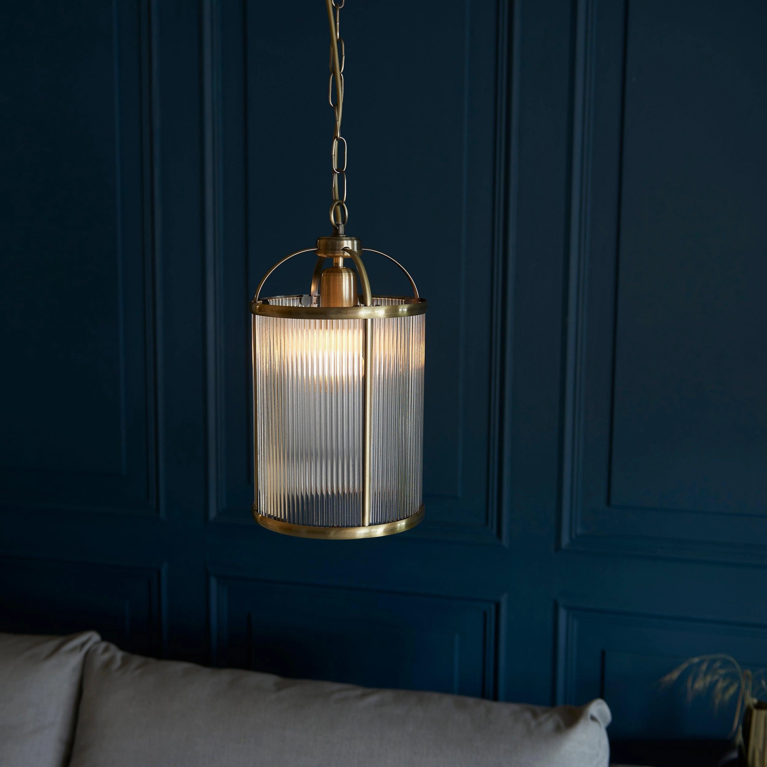 Lambeth Brass & Ribbed Glass Ceiling Pendant