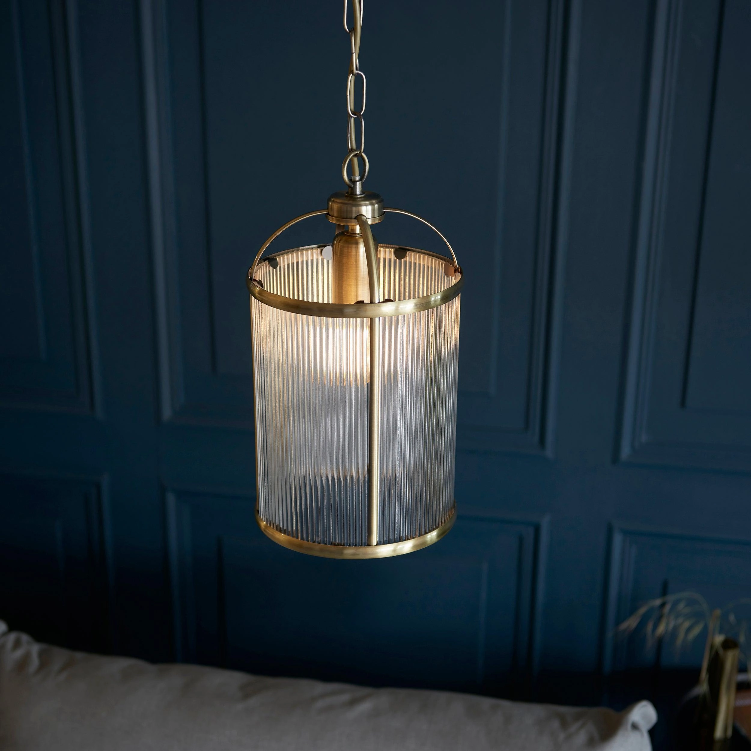 Lambeth Brass & Ribbed Glass Ceiling Pendant