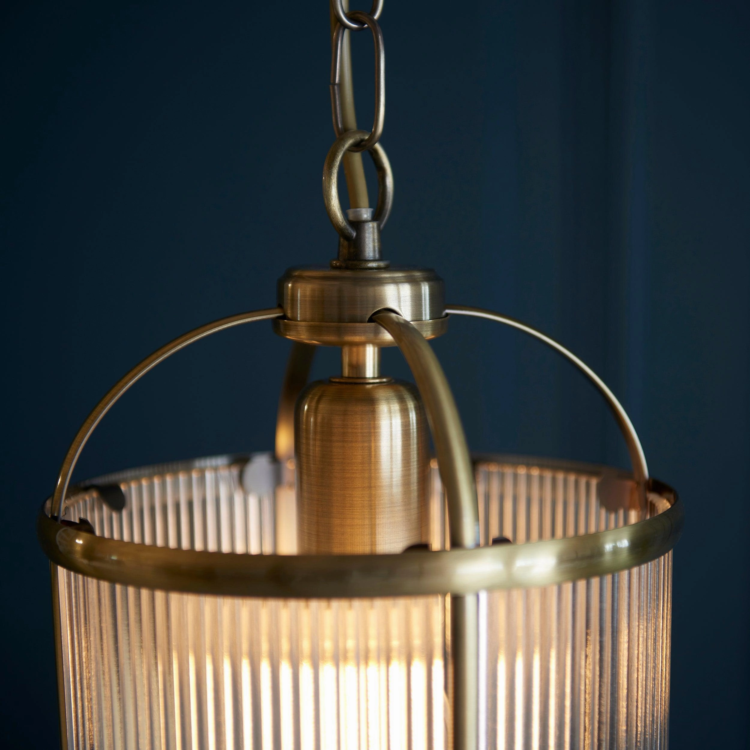 Lambeth Brass & Ribbed Glass Ceiling Pendant