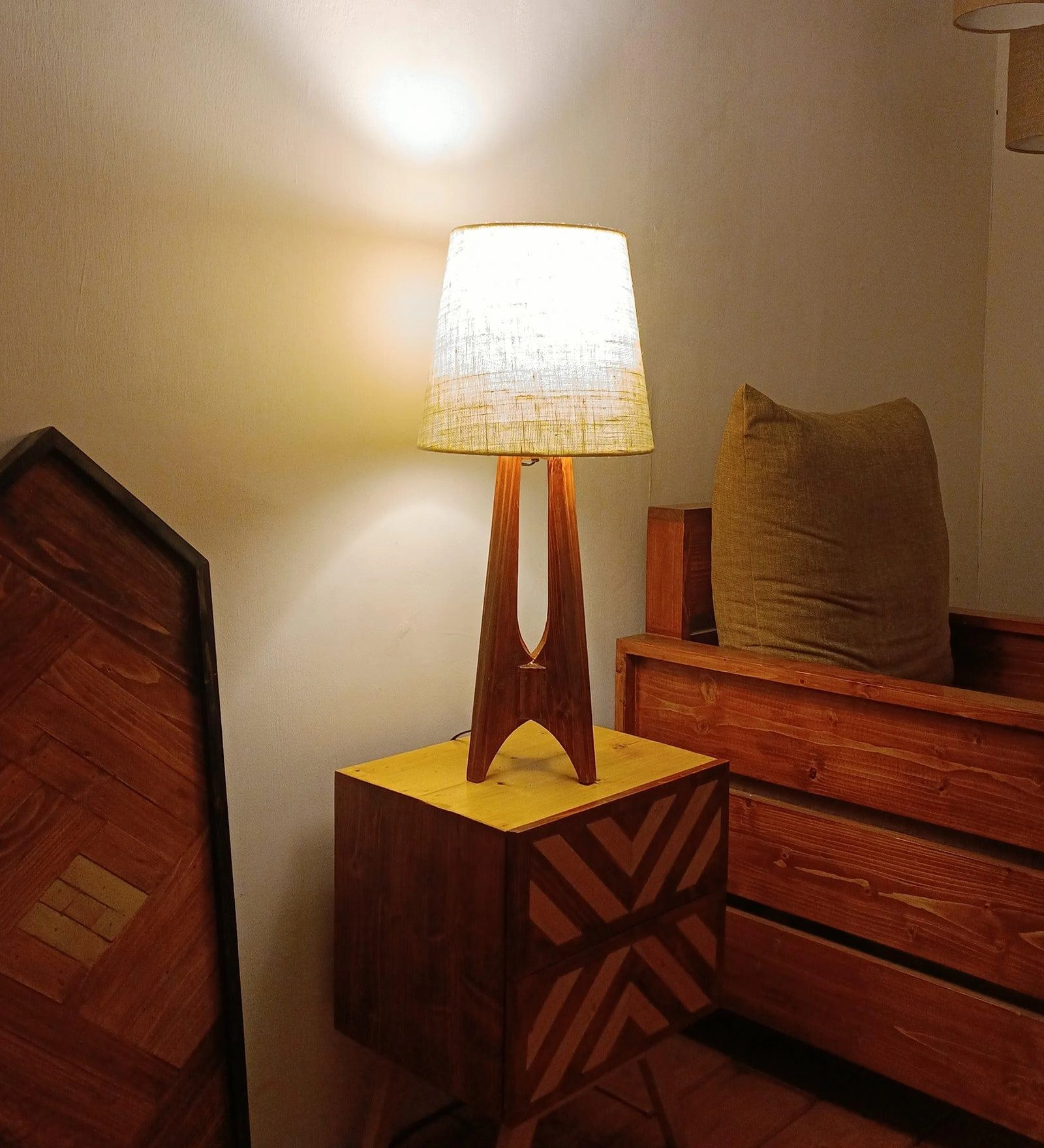 Laurent Brown Wooden Table Lamp with White Jute Lampshade (BULB NOT INCLUDED)