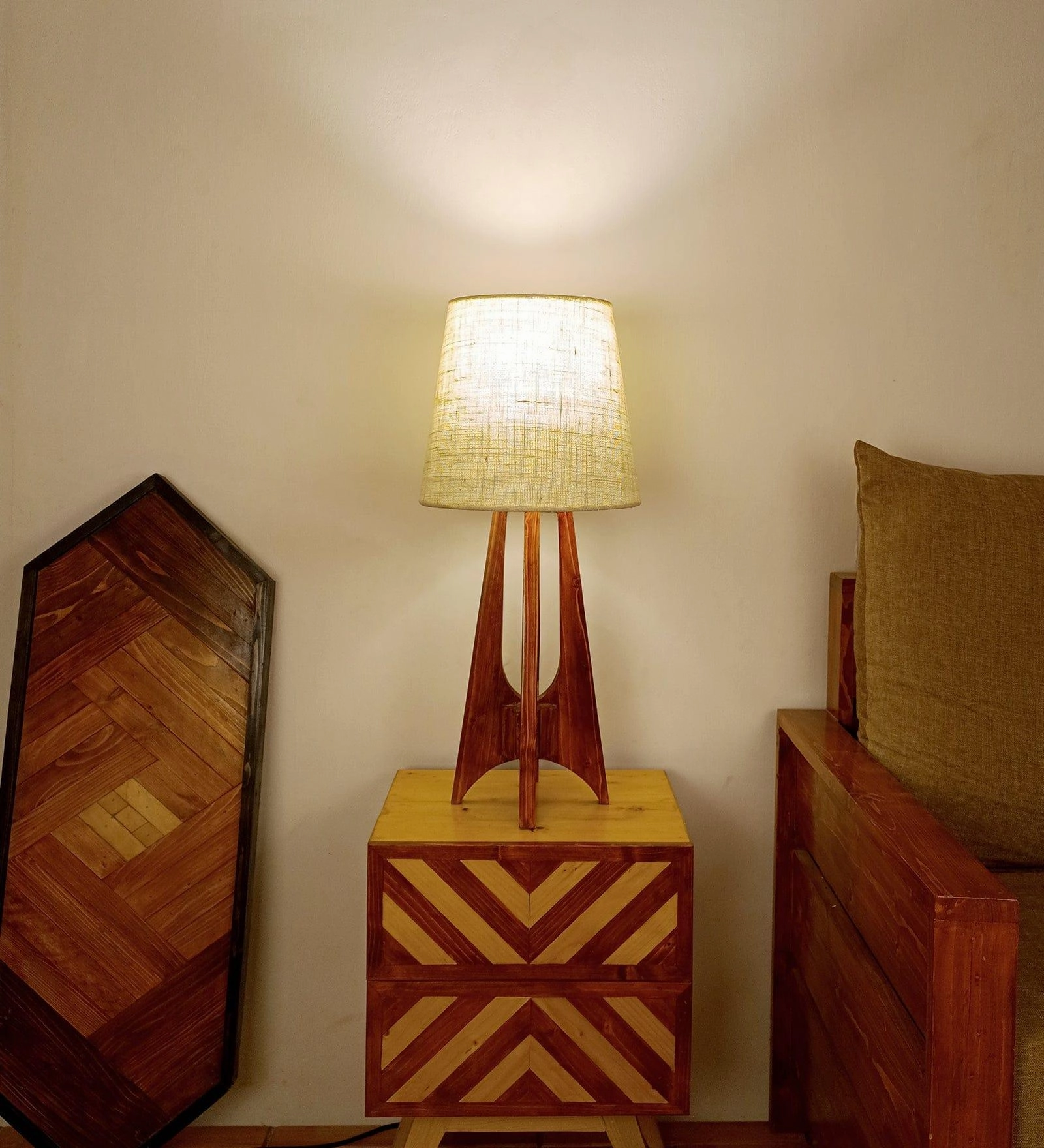 Laurent Brown Wooden Table Lamp with White Jute Lampshade (BULB NOT INCLUDED) Louis Poulsen chandelier