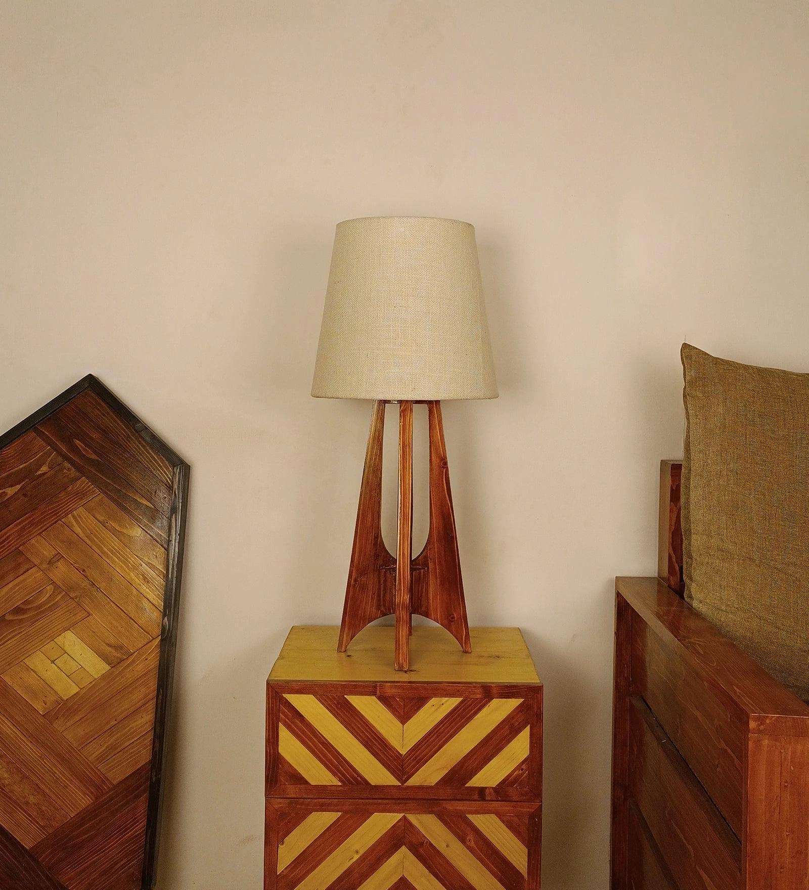 Laurent Brown Wooden Table Lamp with White Jute Lampshade (BULB NOT INCLUDED)