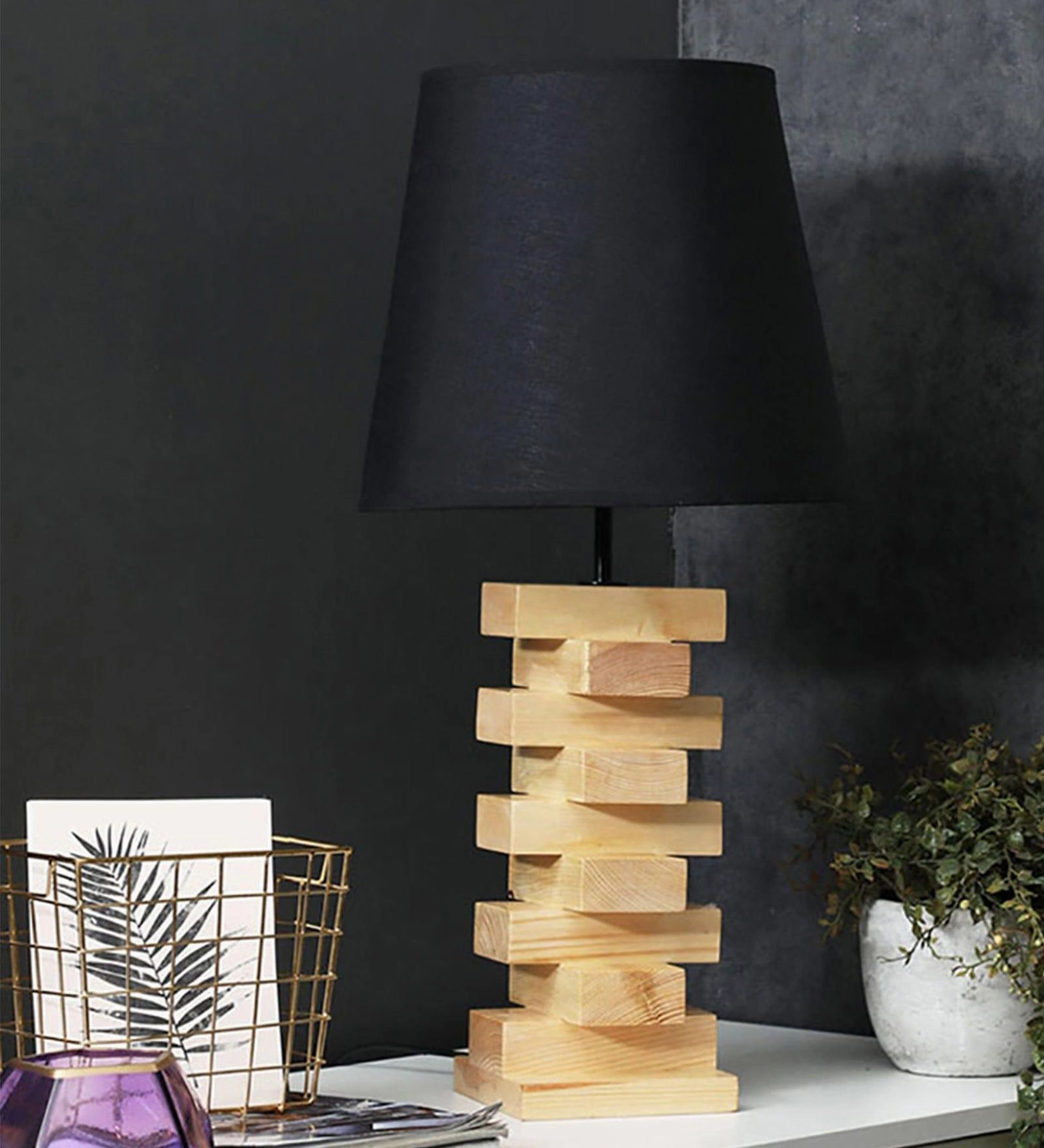 Libra Brown Wooden Table Lamp with Yellow Printed Fabric Lampshade (BULB NOT INCLUDED)