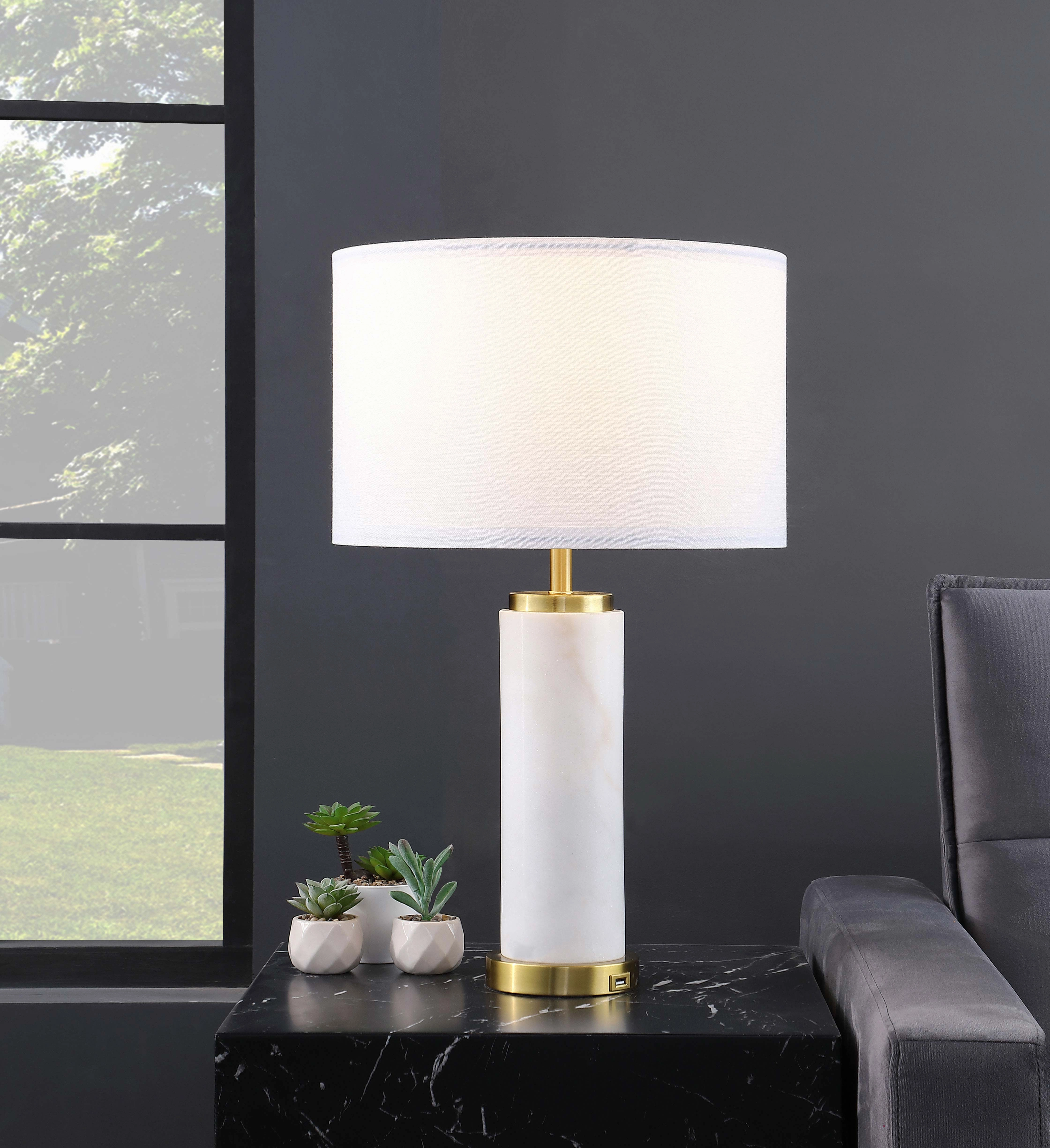 Lucius Drum Shade Bedside Table Lamp White and Gold mini decorative bulb